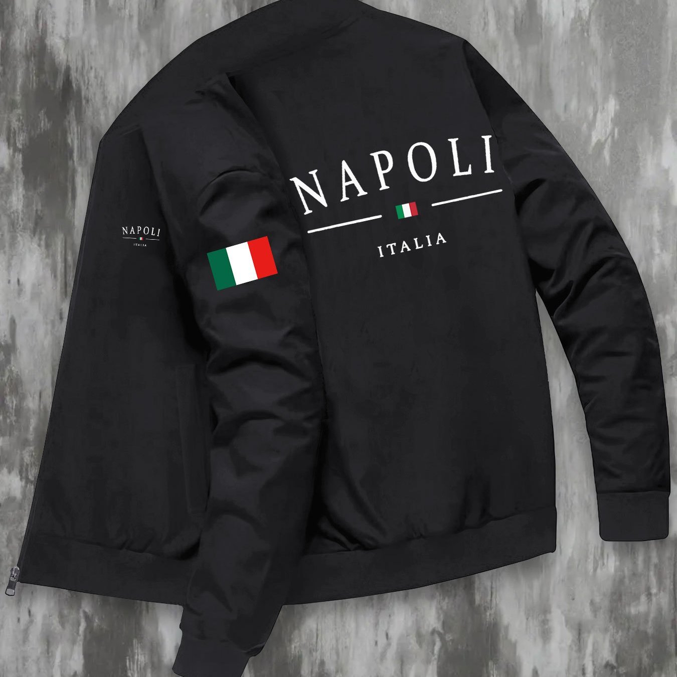 TEMU Men's Zip-up Baseball Collar Jacket With Italian Napoli City Letter And Print, Spring/autumn Long-sleeve Loose-fit Simple Casual Top, Suitable