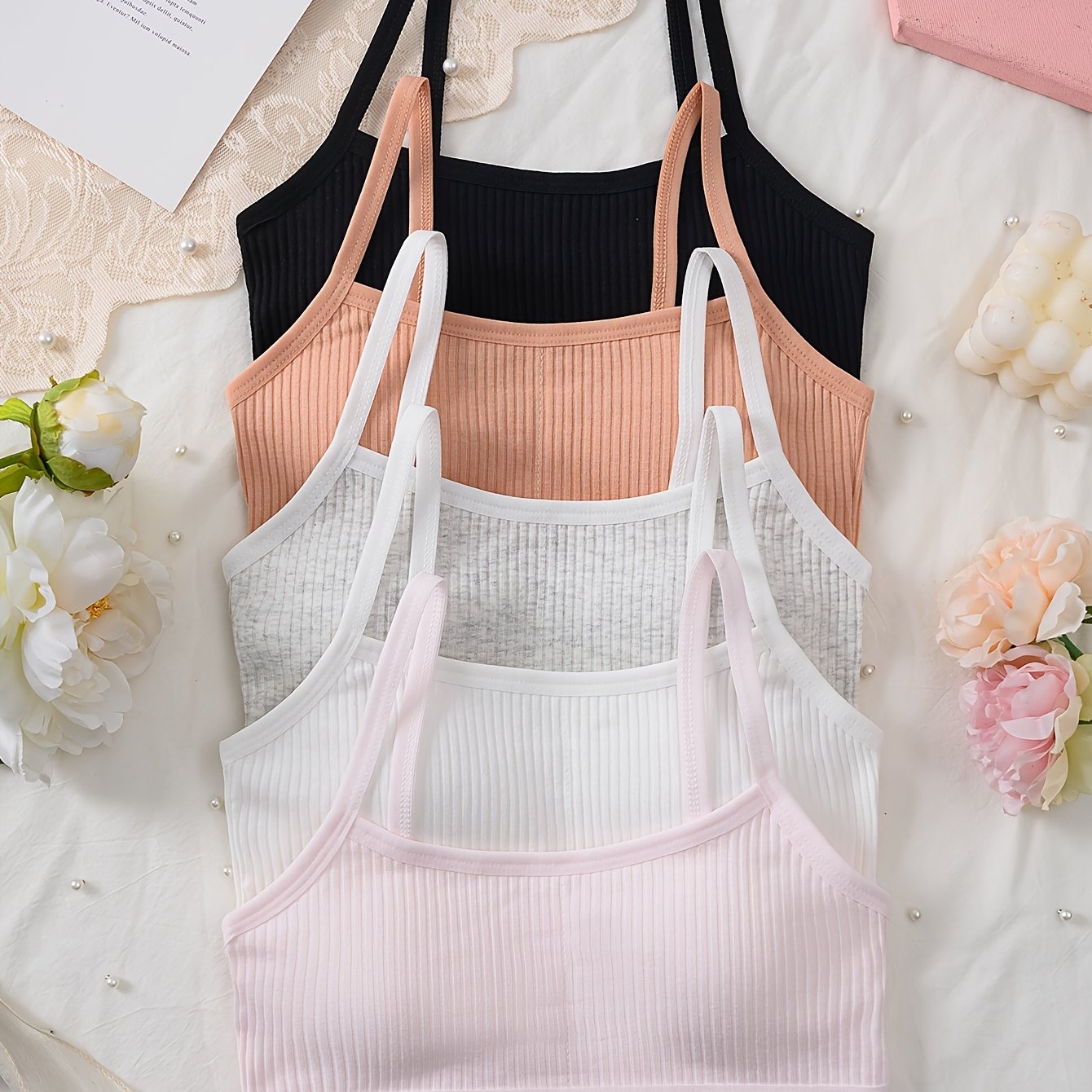 Image of 5pcs Set Of Girls' Training Bras, Ribbed Underwear, Comfortable And Skin-friendly, With Removable Padding, Wire-free For Developing Girls, Student Underwear