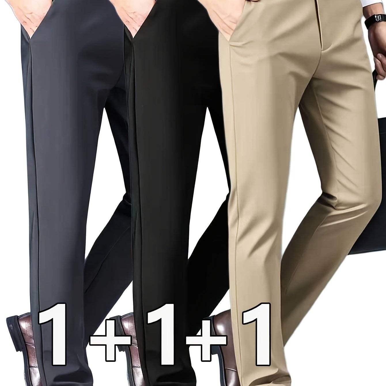 TEMU 3pcs Men's Professional Business Dress Pants, Office Trousers, Stretchy And Versatile For Work, Black Suit Pants, Straight-leg Casual Pants For