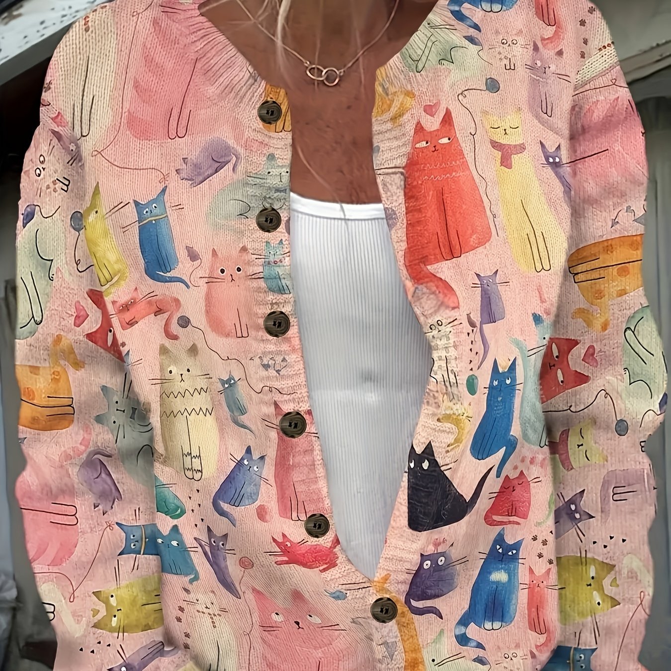TEMU Plus Size - 2d Flat Pattern Autumn Versatile Round Neck Long Sleeve Cardigan Women's Top Animal Pattern Plane Trendy Women's Wear Ladies Thin