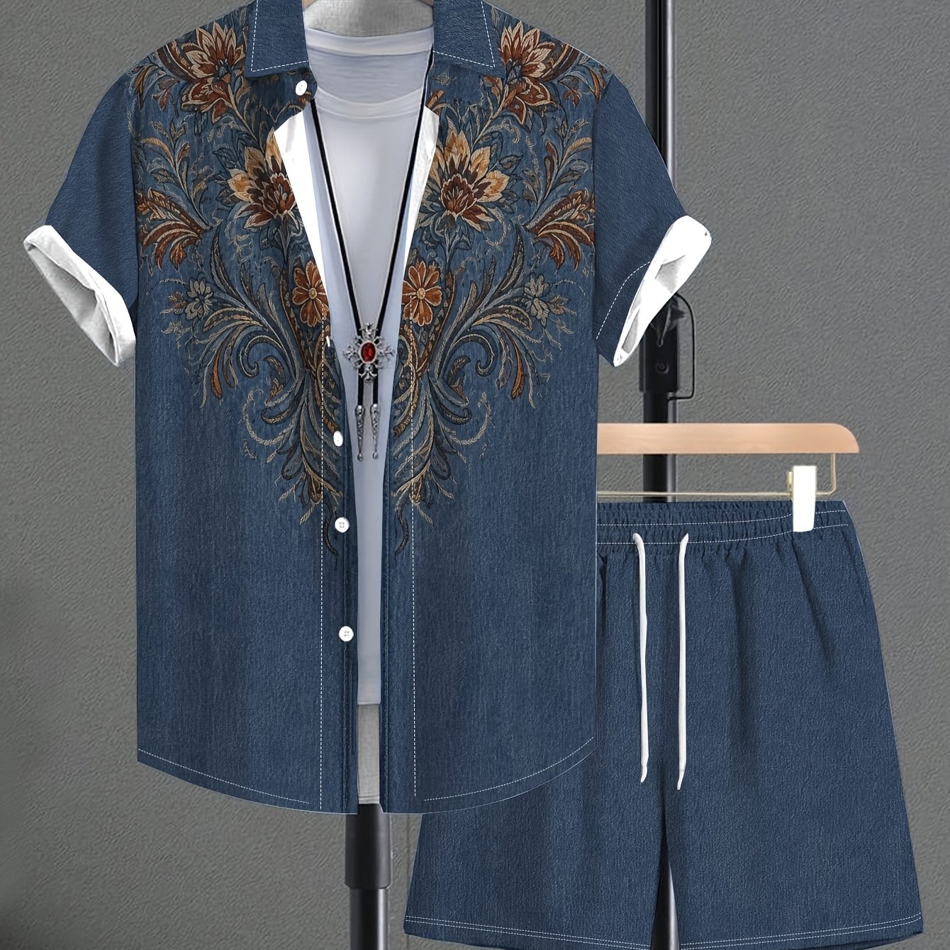 TEMU Men's Summer Shirt Suit, Retro Denim Print Design, Men's Fashion Short Sleeve Shirt And Shorts 2pcs Set