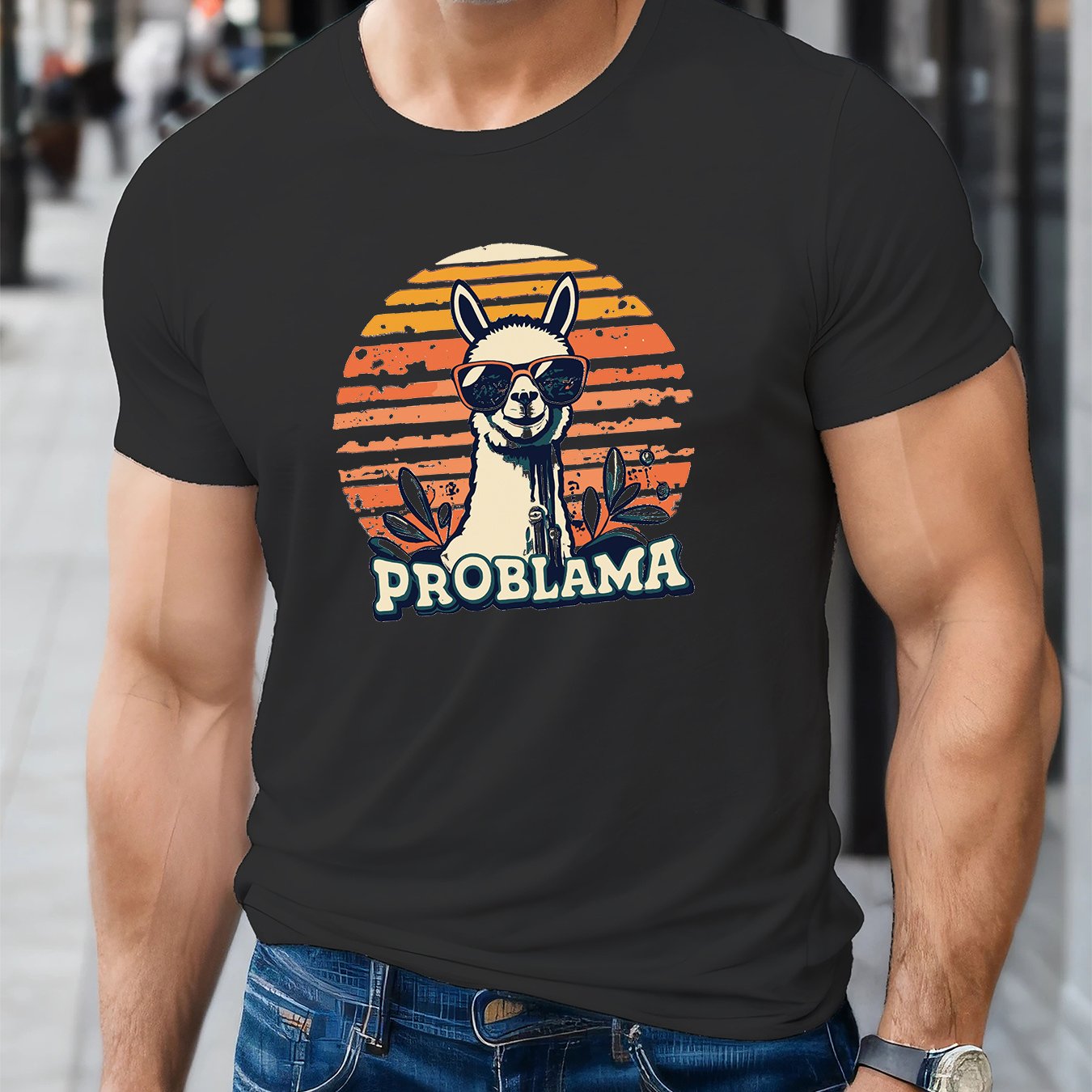 TEMU Eid Alpaca With Sunglasses Pattern Print Men's Creative Top, Casual Short Sleeve Crew Neck T-shirt, Men's Clothing For Summer Outdoor