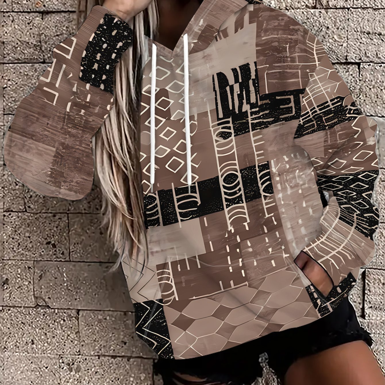 TEMU Women's Hoodie - Geometric Abstract With Intersecting Line Texture Pattern, Front Pocket - Stretch, Suitable For Spring And Autumn, Casual