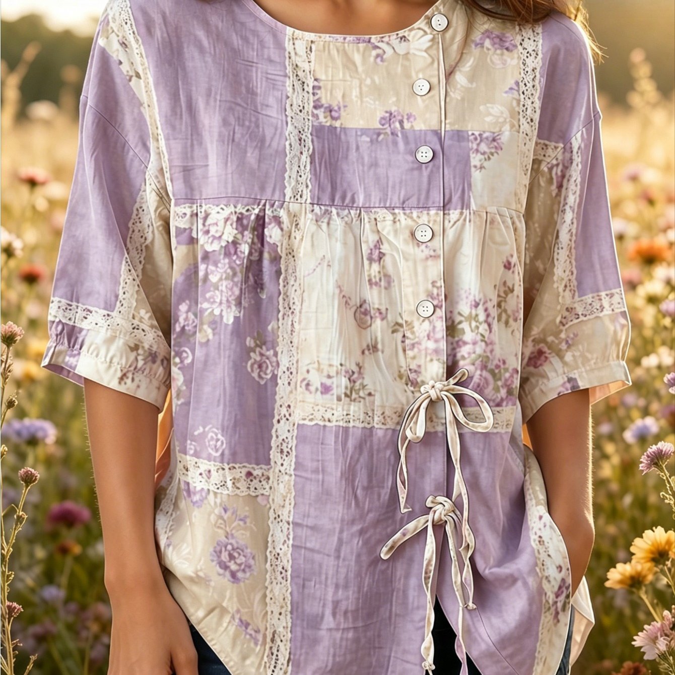 Plus Size - Large Size Women's Clothing, Country Style Western Style Top, Spliced Floral Print Doll Shirt, Front Button Tie, Loose Retro Shirt, Suitable For Beach Vacation And Summer Daily Casual Wear