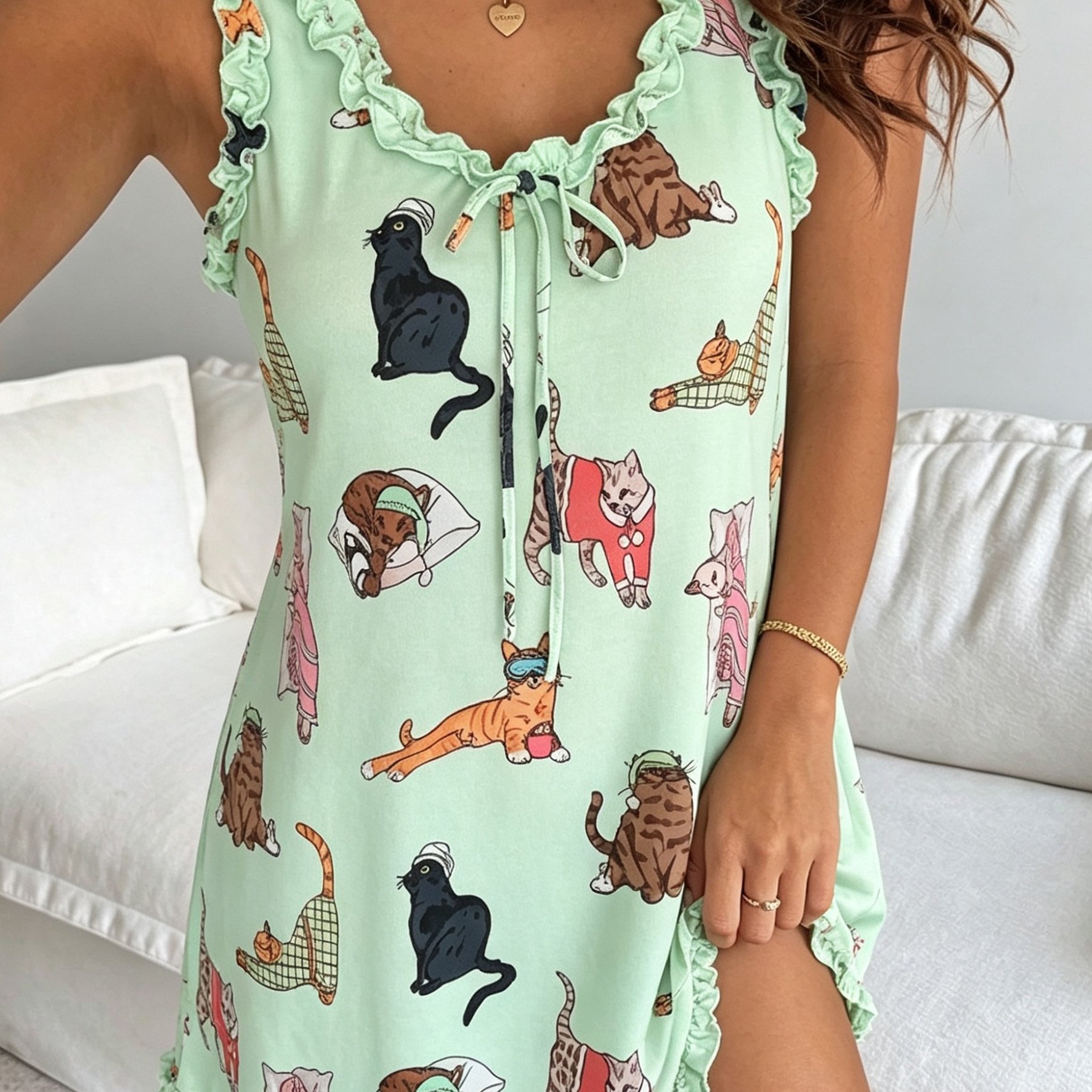 TEMU Camicia da da donna da casa con stampa gatto e dolci volant, in tessuto di fibra e fresca