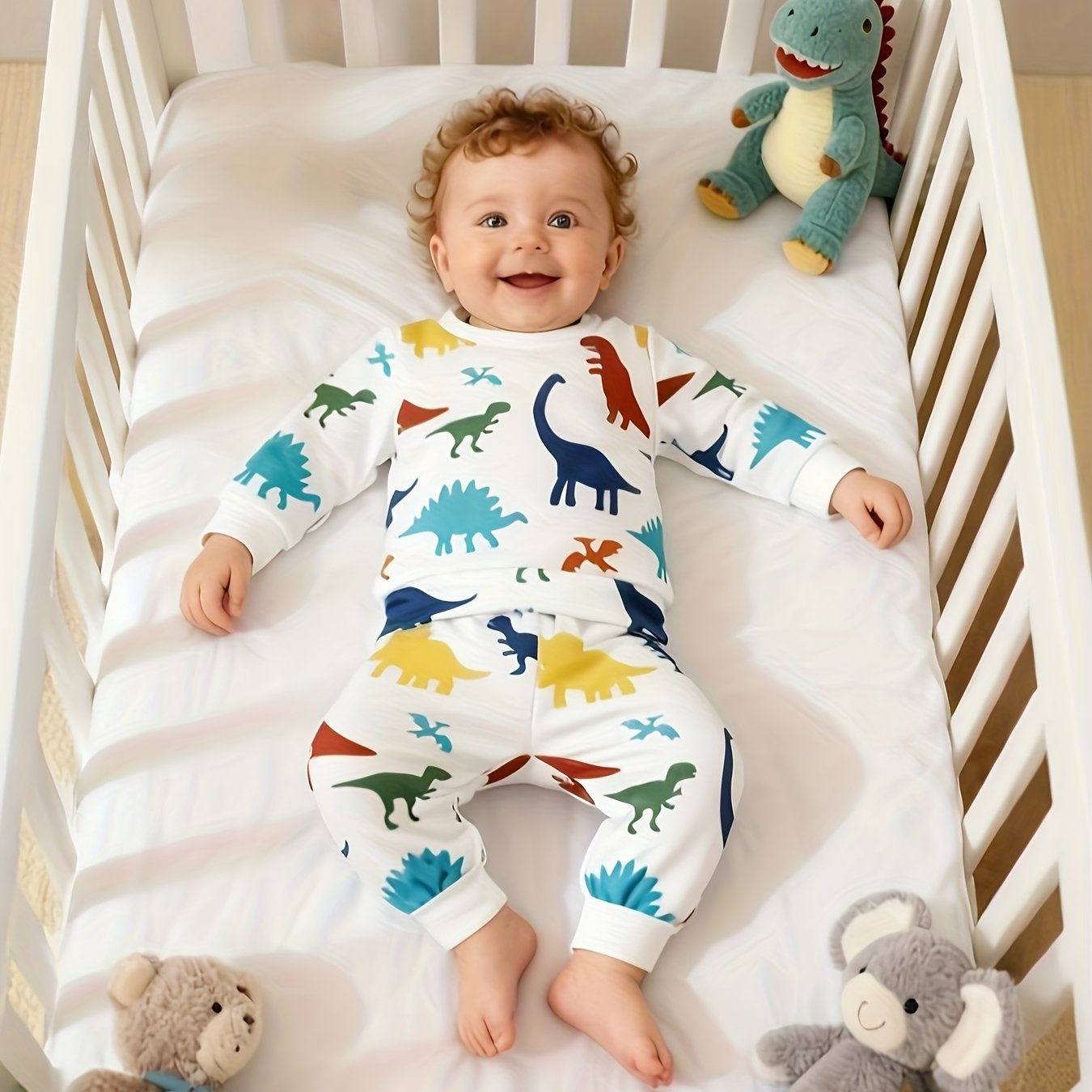 Image of Autumn Boy Casual White Suit Cartoon Dinosaur Print Long-sleeved Pullover Top Elastic Waist Long Pants Two-piece Set, For Outdoor