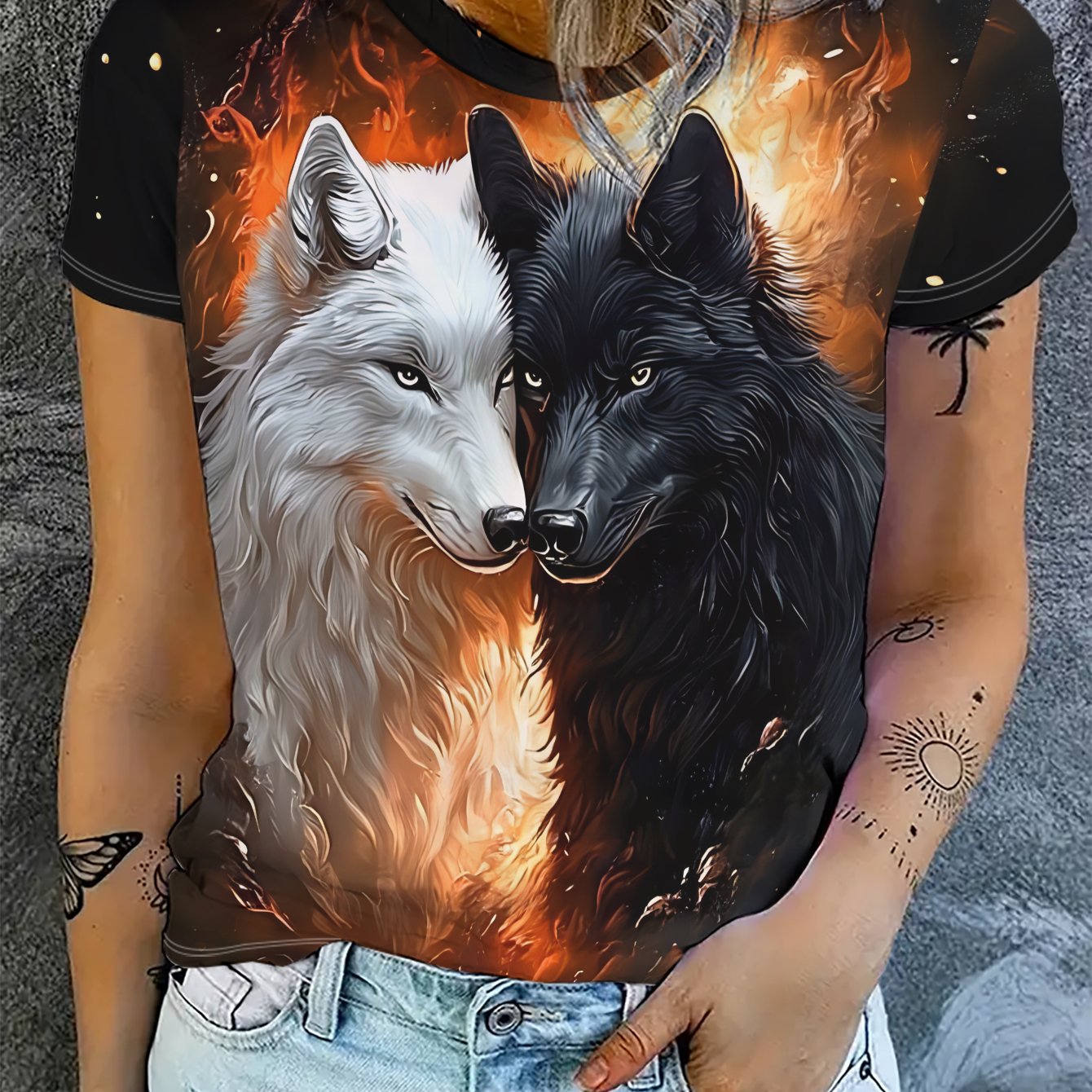 TEMU White And Black Dual Wolves And Flames Print, Cool And Individual Style