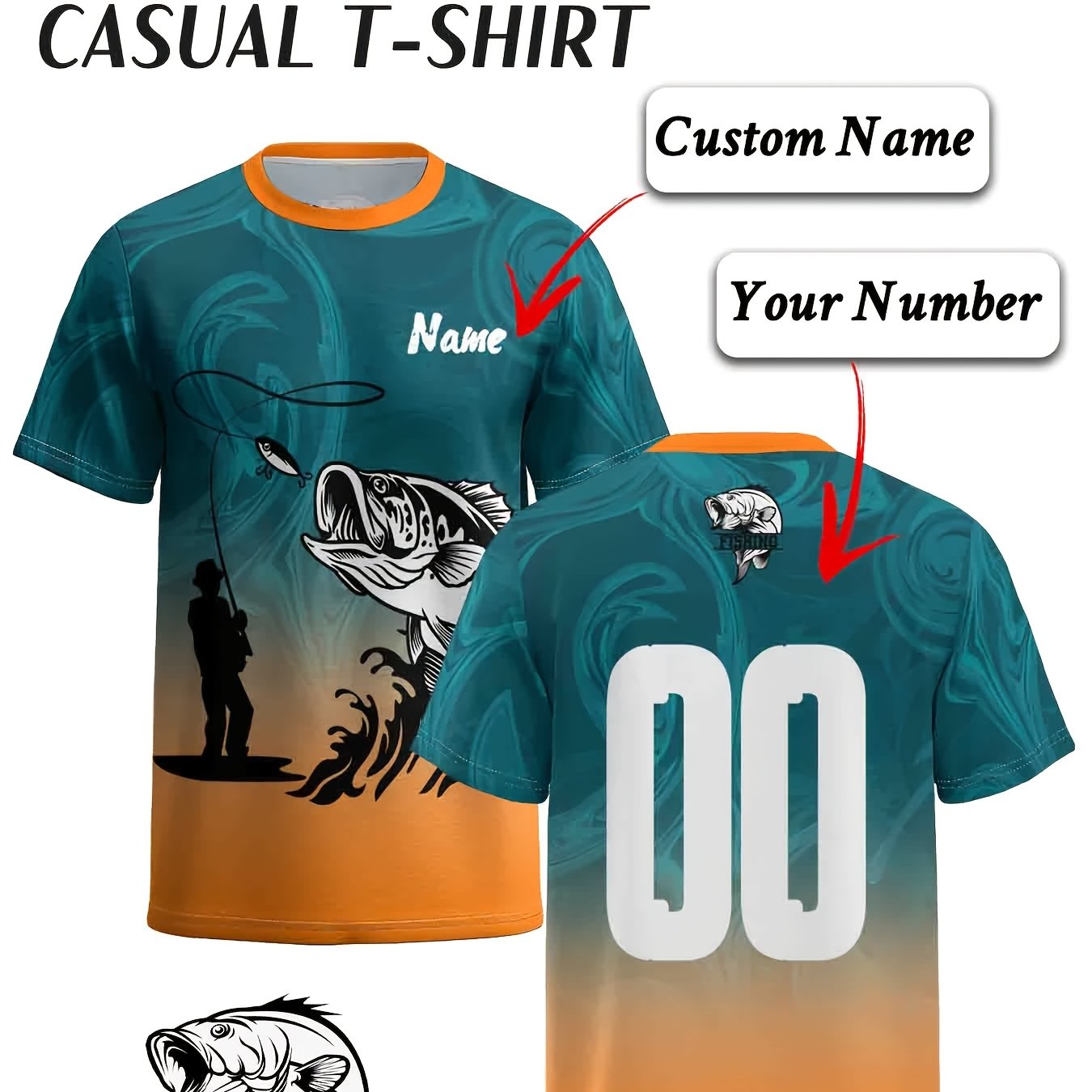 TEMU Customizable Men's Round Neck T-shirt With Fishing Pattern, Name And Number Customization , Comfortable And Breathable Short Sleeve Fabric,