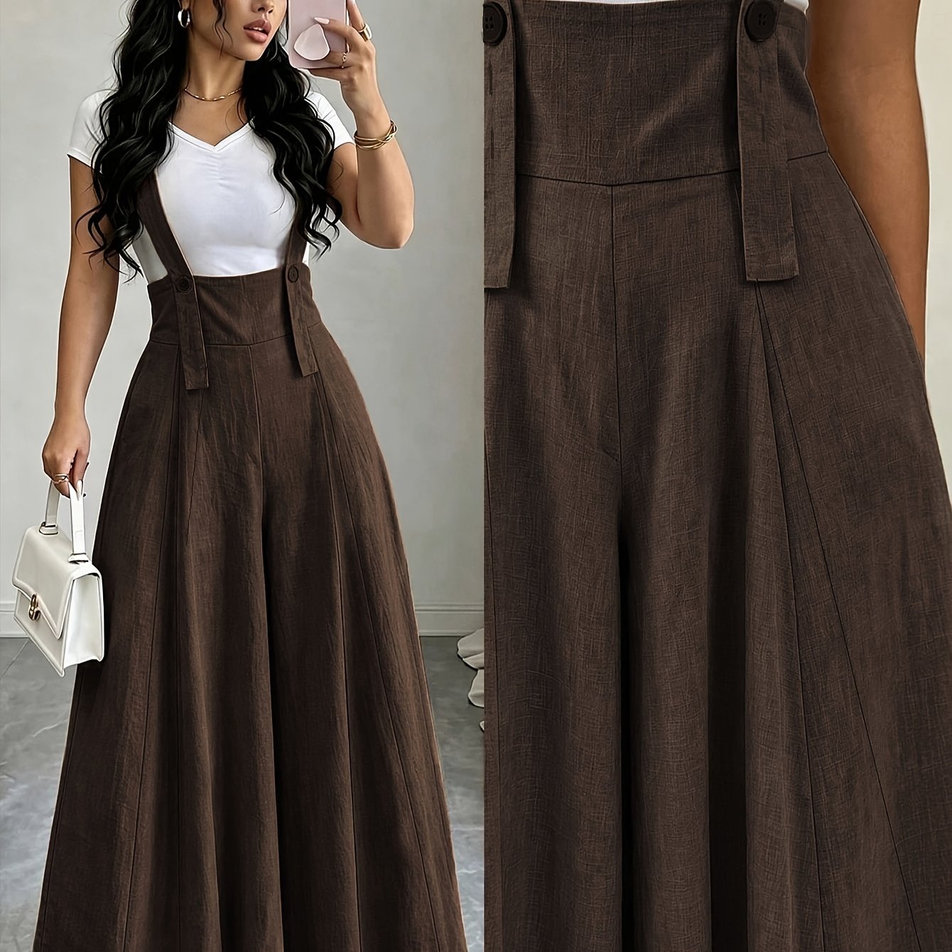 TEMU Combinaison Femme à Taille Haute et Jambes Larges en Tissu Texturé - Bretelles à Boutons et Pantalon Évasé, Barboteuse Ample et Longueur au Sol,