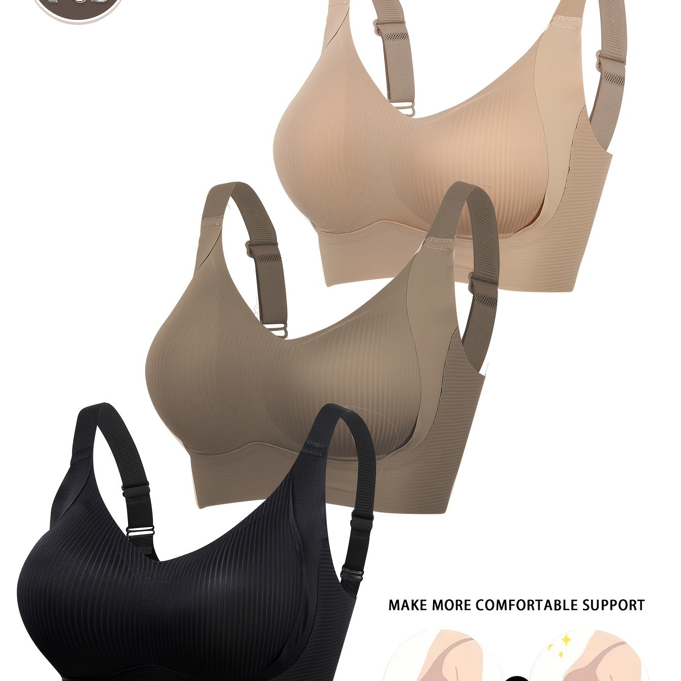 TEMU 3pcs Set Of Elegant Solid Color Bras For Women, Comfortable Wireless Bras With Soft Support And Ideal Padding, Medium Support With Wide Straps