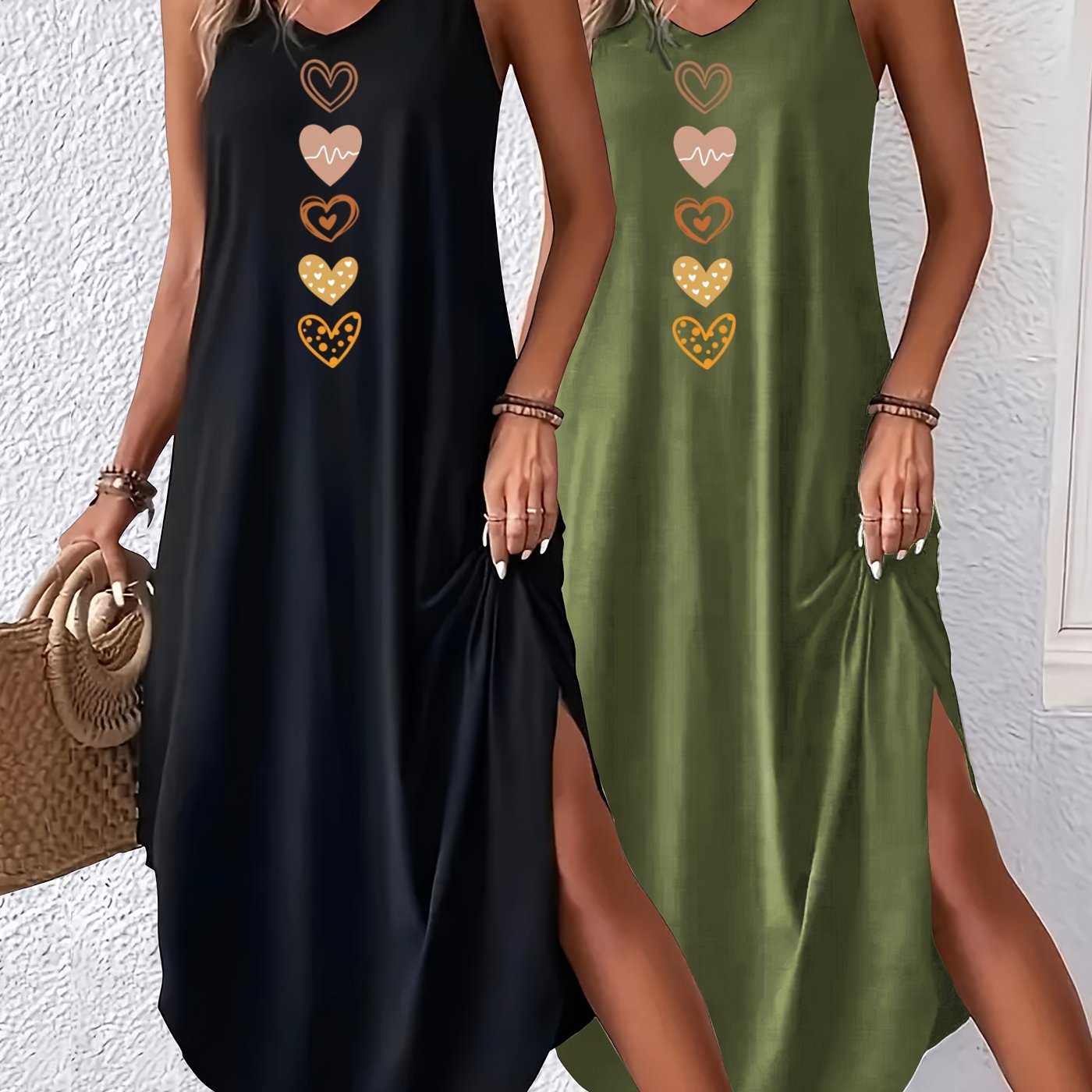 2pcs Heart Print Curvy Hem Cami Dress, Sexy Sleeveless Spaghetti Strap Loose Maxi Dress, Women's Clothing