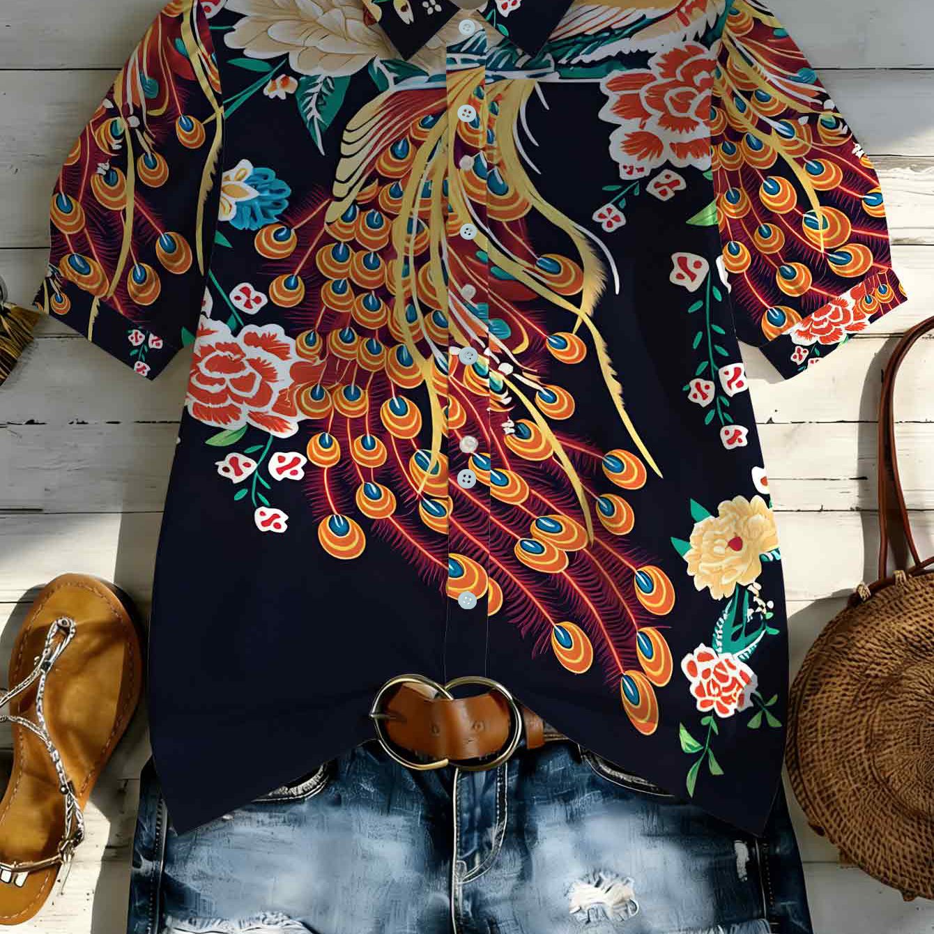 TEMU 1pc Peacock Floral Print Short Sleeve Shirt, Ideal For Daily Wear, Beach Vacation, Casual Gatherings, And Outdoor, Skin-friendly, Washable,