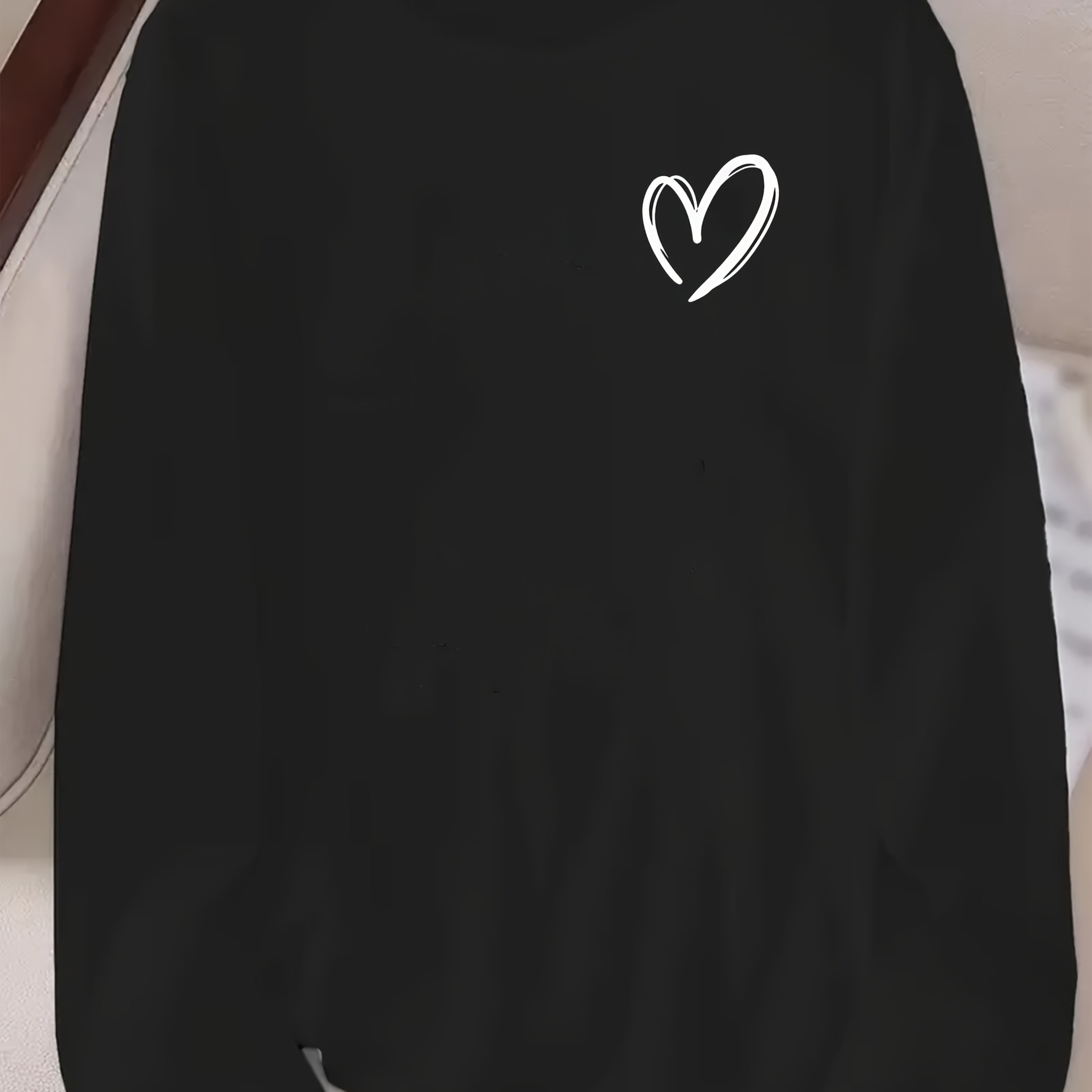 TEMU Plus Size, Large Casual Women's Clothing, Black Long Sleeved Heart-shaped Print, Suitable For Spring And Autumn Wear
