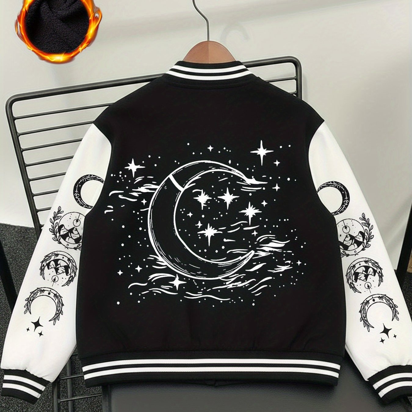 TEMU Women's -lined Baseball Jacket With Starry Sky And Moon Print, Snap Button Outerwear, Autumn And Winter Casual Outdoor Sports Baseball Top,