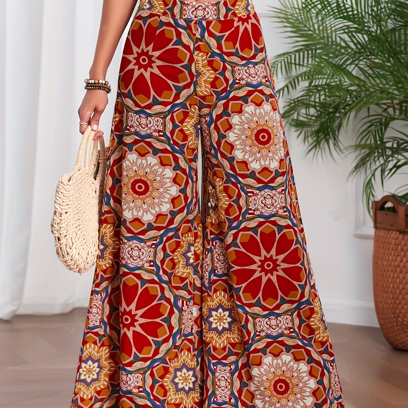 TEMU Mandala Print Wide Leg Pants, Vacation Loose Pants For Spring & Summer, Women's Clothing