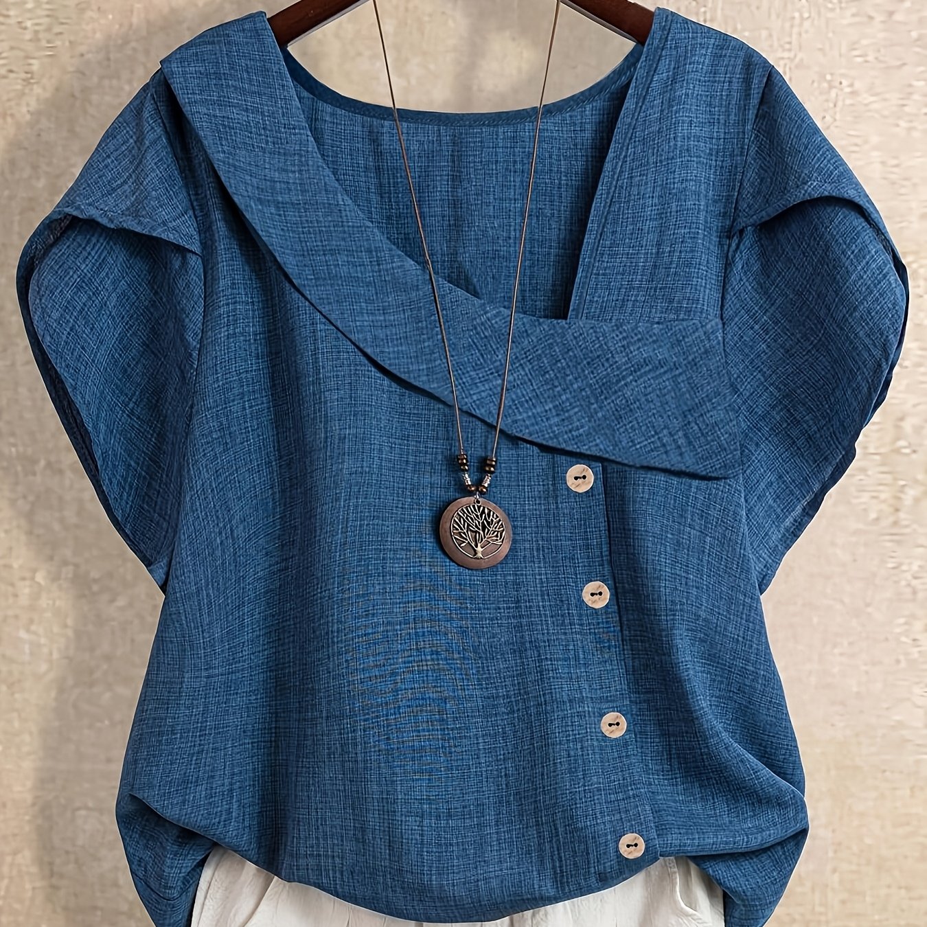 E-shop Plus Size, Damen Schrägtaschen Knopfleiste Lockere Fledermausärmel Casual Oberteil, Einfarbiges Modisches Blaues Hemd für den Sommer