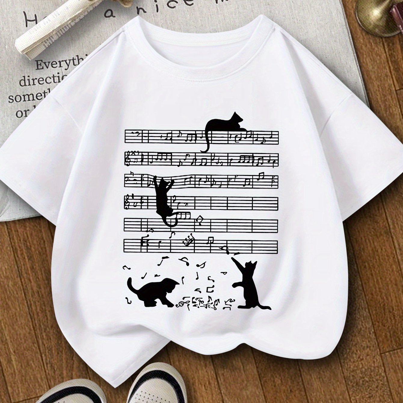 Image of Cats Print Girls Summer Short-sleeved T-shirt, Soft, Elastic And Comfortable Crew Neck Short-sleeved T-shirt, Girls Casual Outdoor Sports Summer Top, Suitable For 7-14 Years Old