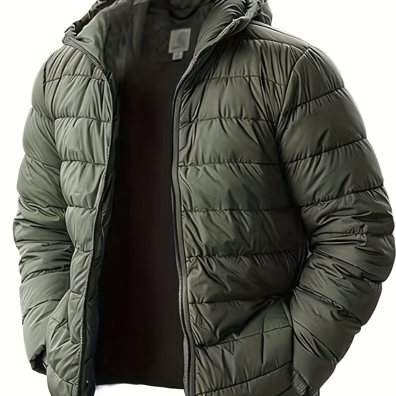 TEMU Men's Outdoor Lightweight Thickened Hooded Windproof Quilted Solid Warm Jacket, Winter, Sporty Style