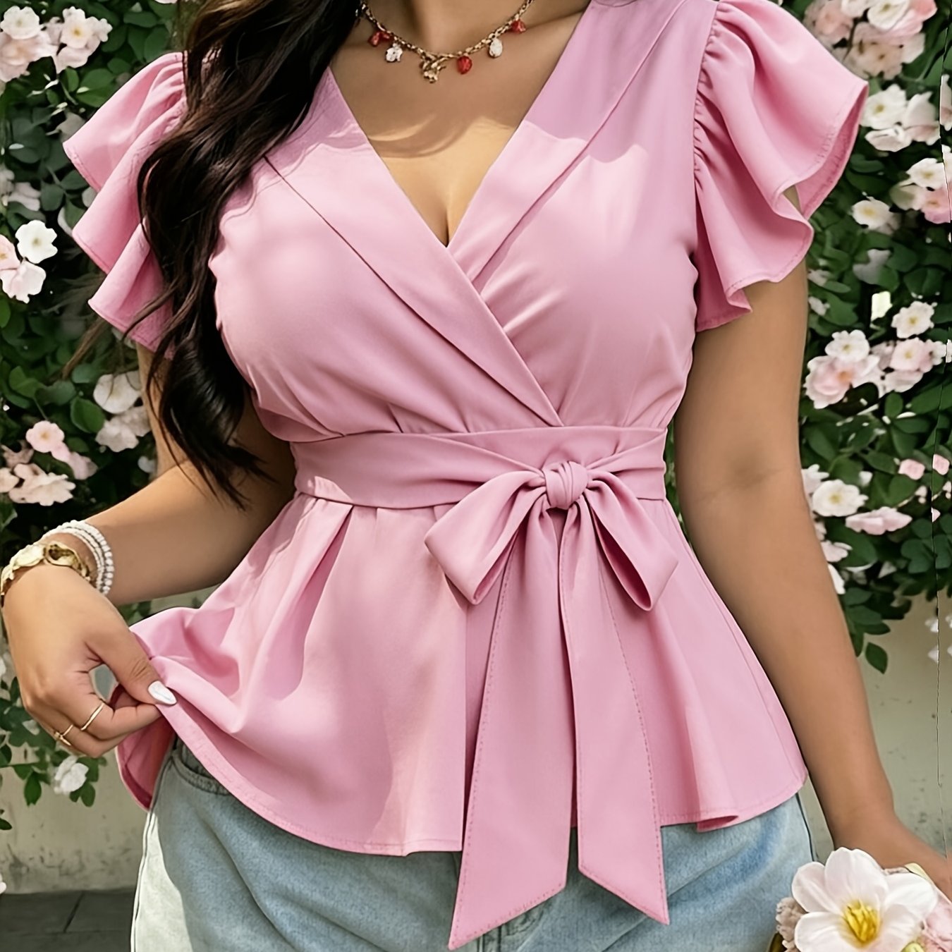 TEMU 2026 New Chiffon Tie-neck Blouse With Sleeves, V-neck Top, Elegant Tie-neck Blouse, Chic Sleeve Shirt For Workplace Wear, Chiffon Top For Office