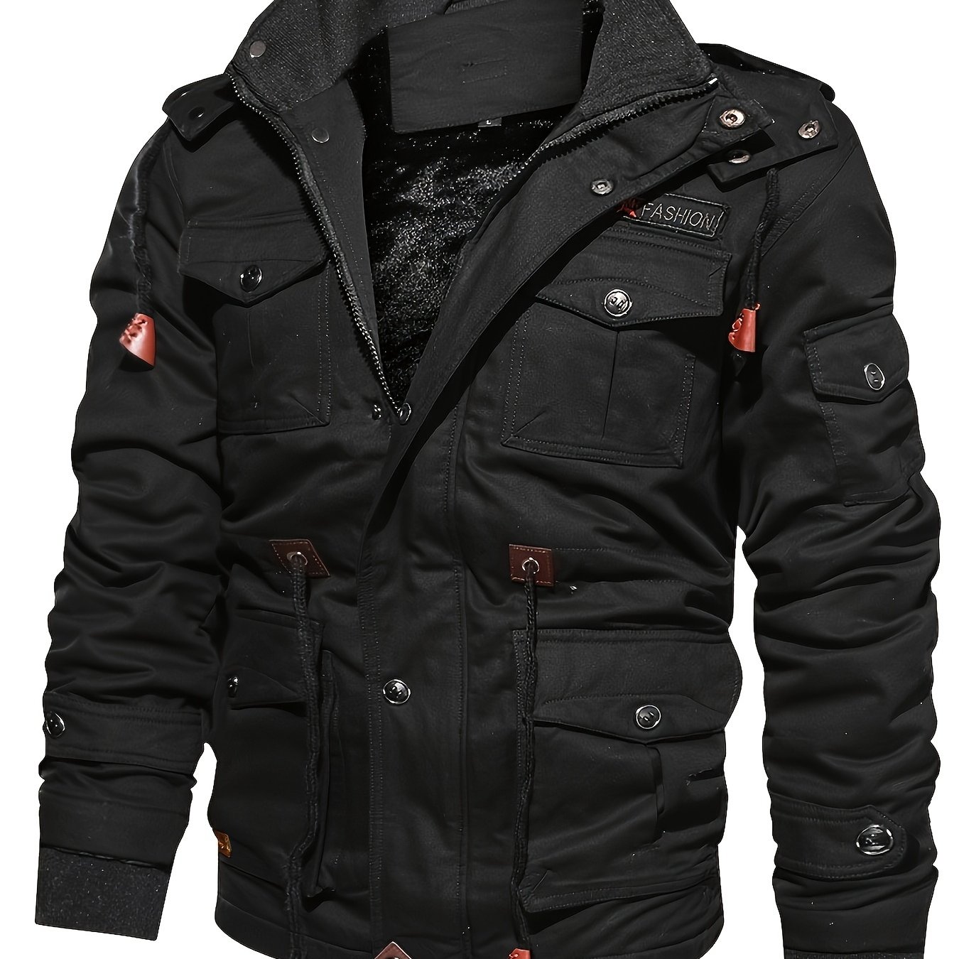 TEMU Men's Fleece Lined Cargo Jacket For Autumn Winter, Multi Pocket High Stand Collar Thick Warm Outerwear