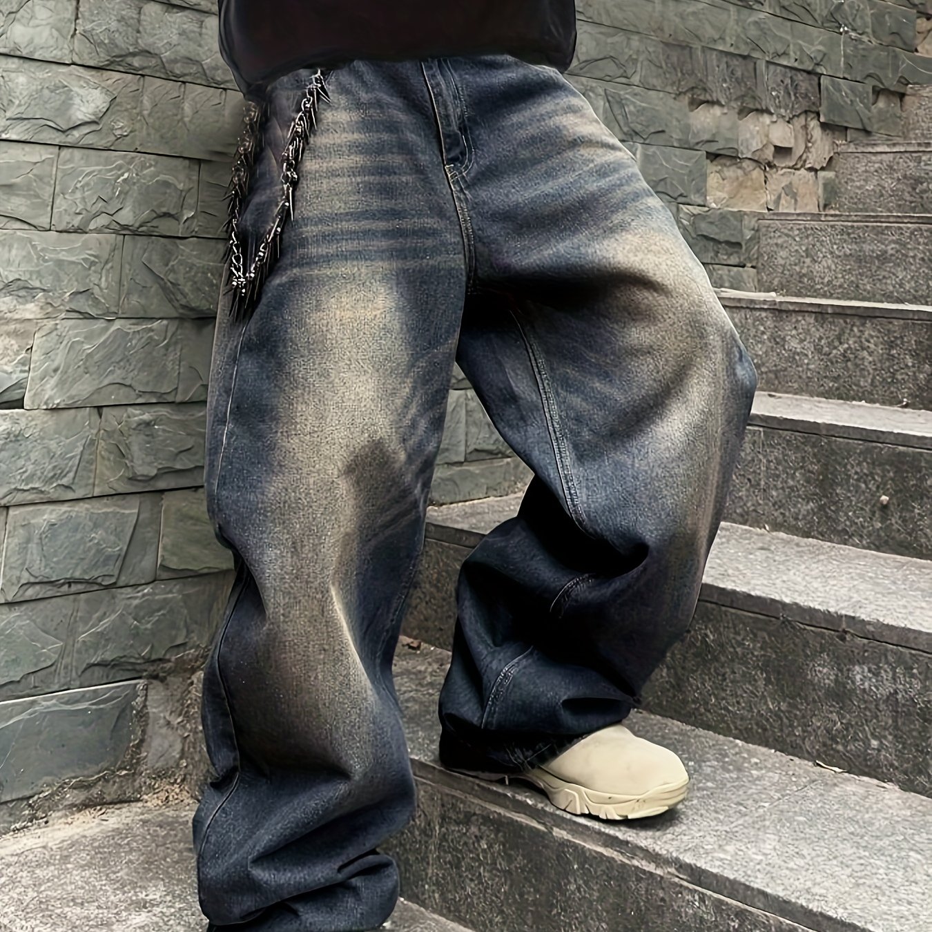 Image of Men's Vintage Wide Leg Jeans - Extra Long Floor-length Denim Pants With Beltless Waist, Loose Fit Street Style, Washed Casual Pants For Fall/winter (mid-rise, Non-stretch), Autumn Menswear