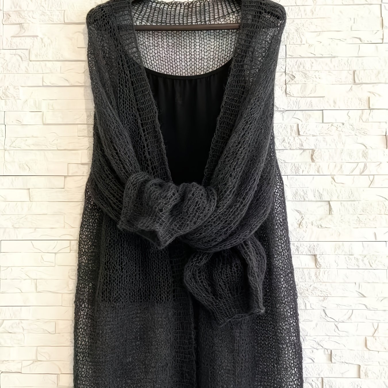TEMU French Autumn Winter Relaxed Lazy Style Hollow Mesh Open-front Cardigan Jacket Soft And Translucent Loose Fit Casual Commute Leisure 1pc Long