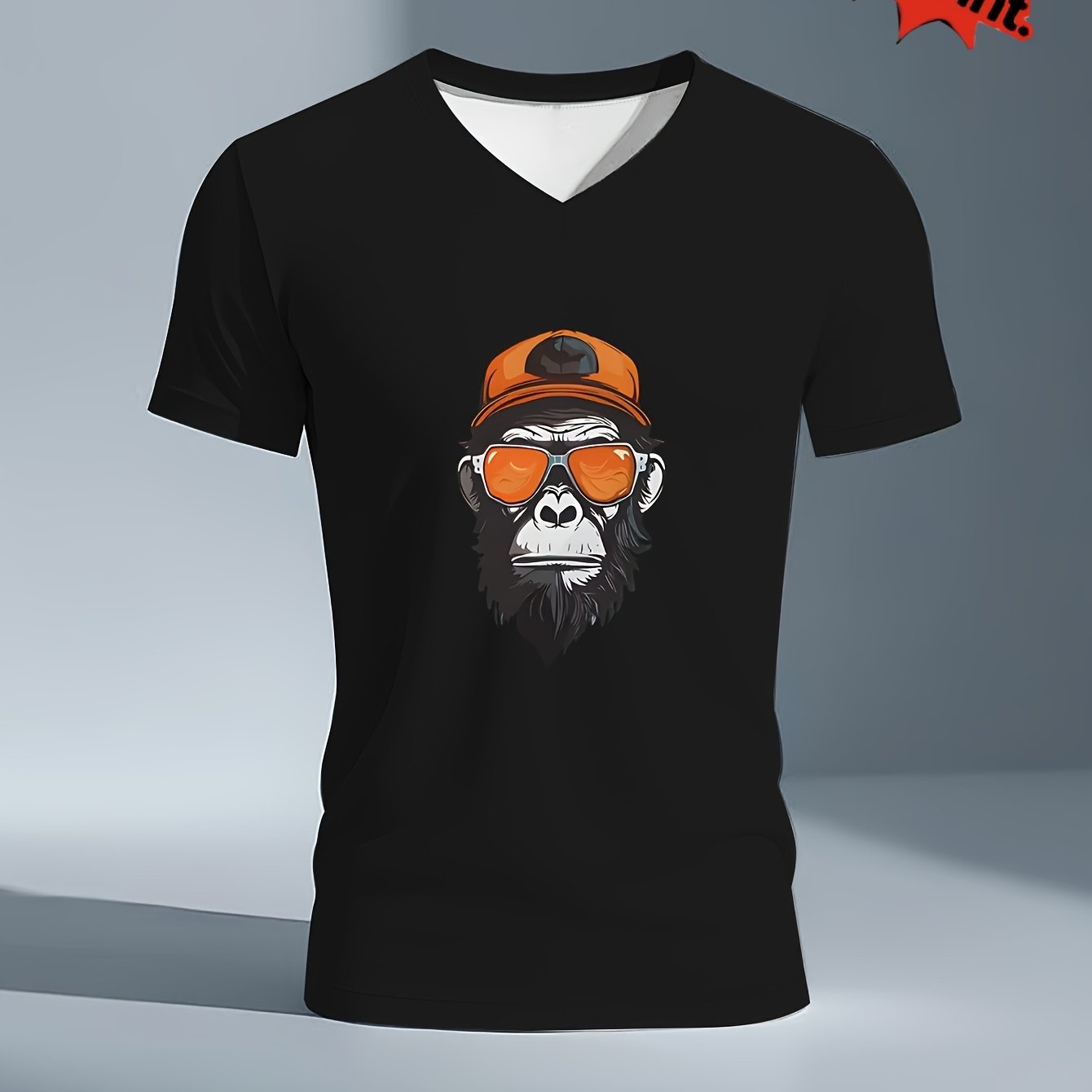 TEMU Large Size Men's Summer Casual T-shirt With Gorilla Pattern, V-neck, Short Sleeves, Elasticity, Regular Fit, Knitted Fabric, Fashionable Sports