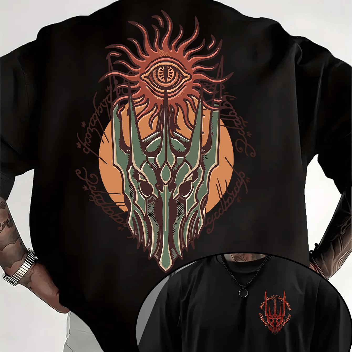 TEMU Men's Casual Sport Crew Neck Short Sleeve T-shirt, The Sauron Front And Back Print, Suitable For Parties And Everyday Wear, Fashion Men's Wear