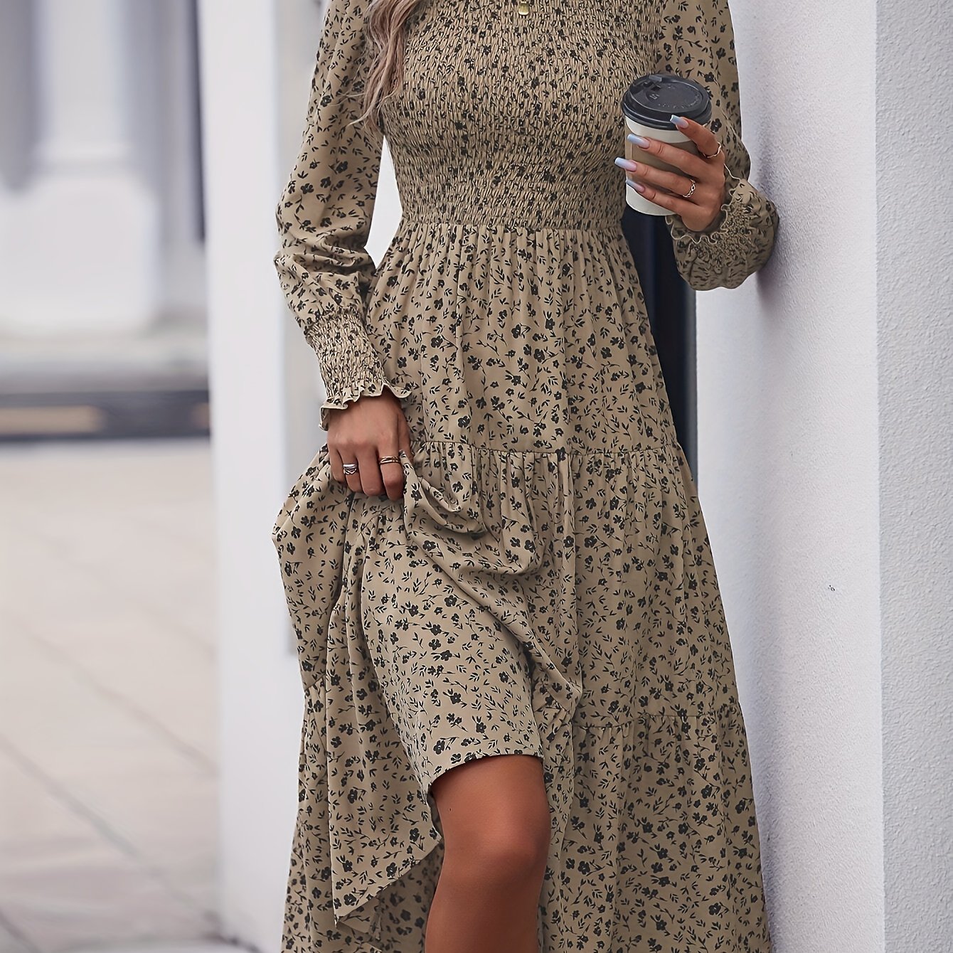 Casual Floral Print Polyester Sundress With Hem, Round Neck, And Adjustable Waist, Suitable For Spring/autumn