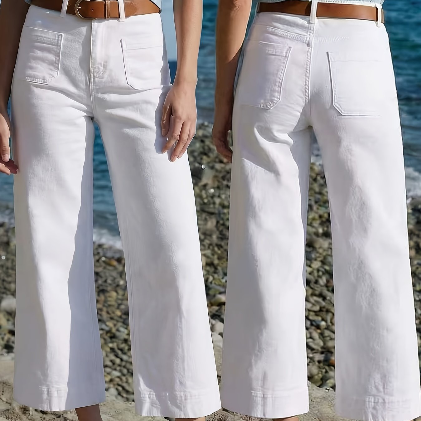 Image of Women's Stretchy Fashionable Wide-leg Ankle Pants, /summer Style, Suitable For Spring , Vacations, Dates, Weekend Leisure, Classic Elegant Outfits, Wide-leg Washed White Jeans, Wearable In