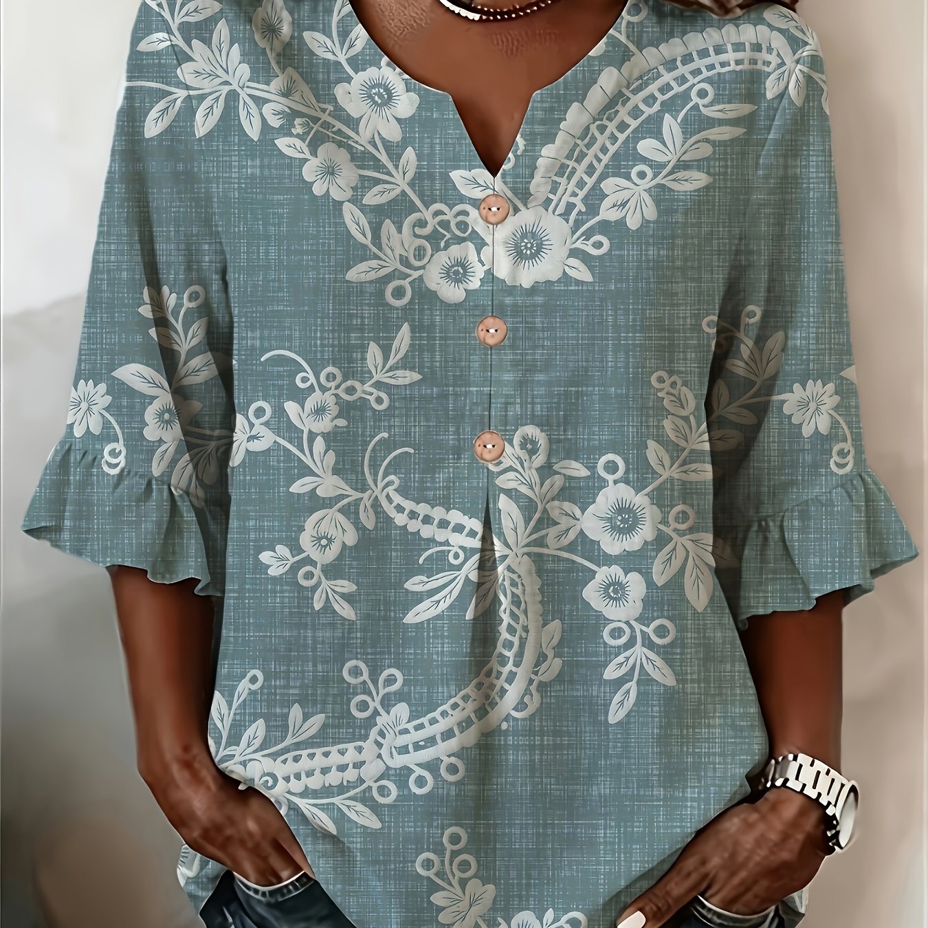TEMU Elegant Women's Summer Printed V-neck Fungus Edge Mid-sleeve Shirt, Loose And Casual Versatile Top