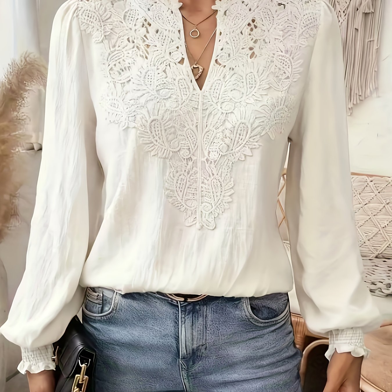 E-shop Elegantes Damen Spitzenshirt mit hohem V-Ausschnitt und Leinenhemd, Laternenärmel, punktiertes Oberteil, langärmliges, lässiges Pendler-Shirt,