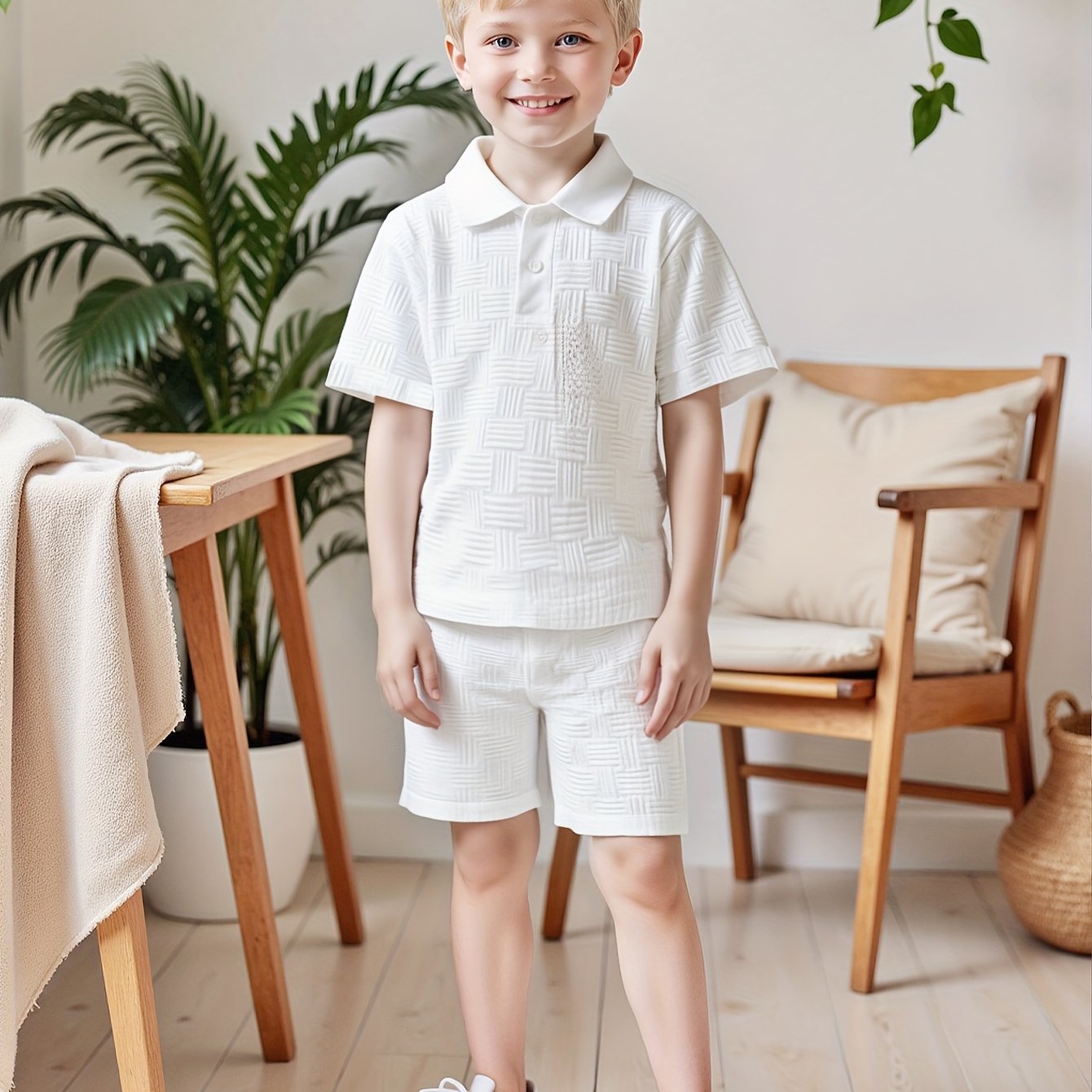 Image of Boys' Summer Collared Shirt And Short Shorts Outfit, Kids' Fashion Casual For Daily Wear, For Outdoor, Christmas, Halloween