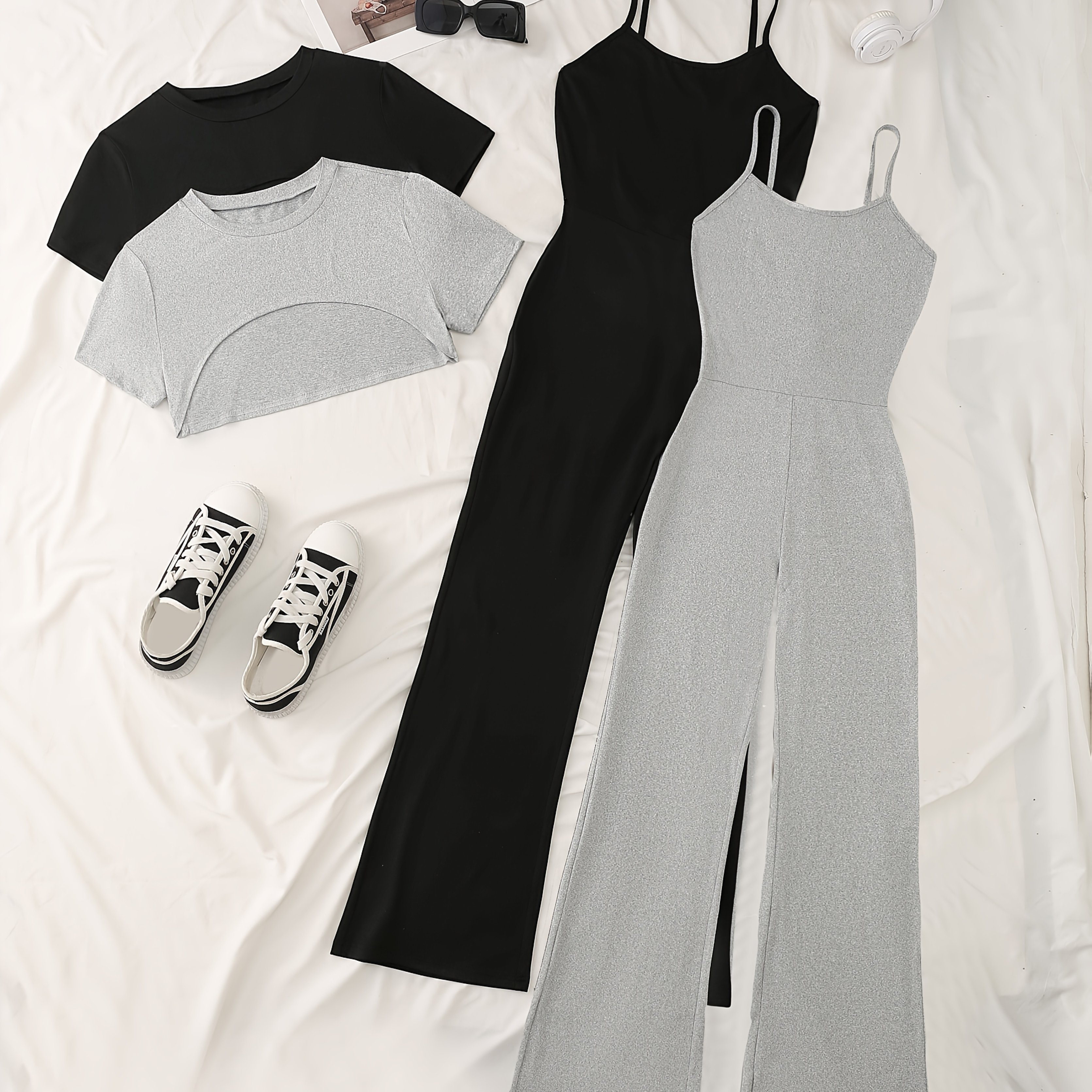 4pcs Set Featuring Round-neck, Cropped, Irregularly Designed Short-sleeve, Thin-strap, Slim-fit, Flared Jumpsuit