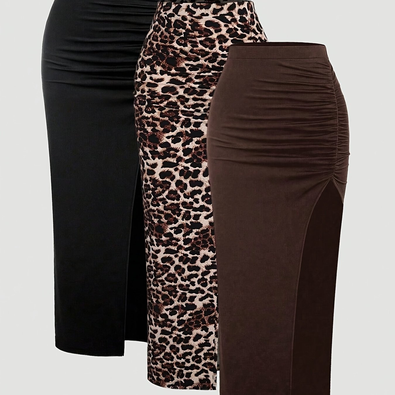 3pcs Women's Summer Casual Ruched High-slit Bodycon Skirts - Leopard Print, , Stretchy Polyester Blend, Machine Washable, Sexy & Versatile For