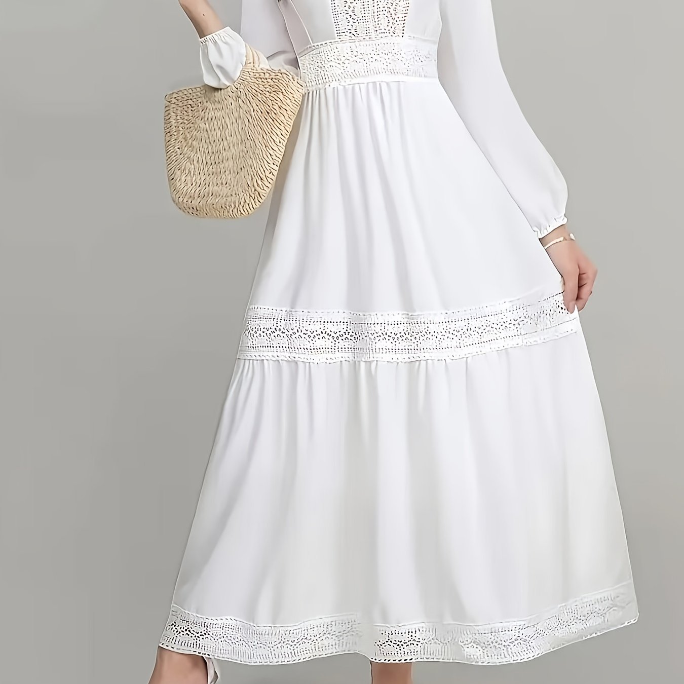 TEMU Qd0711013 Women's Elegant Black Lace Trim Long Sleeve Dress - Slim Fit Solid Color, Exquisite