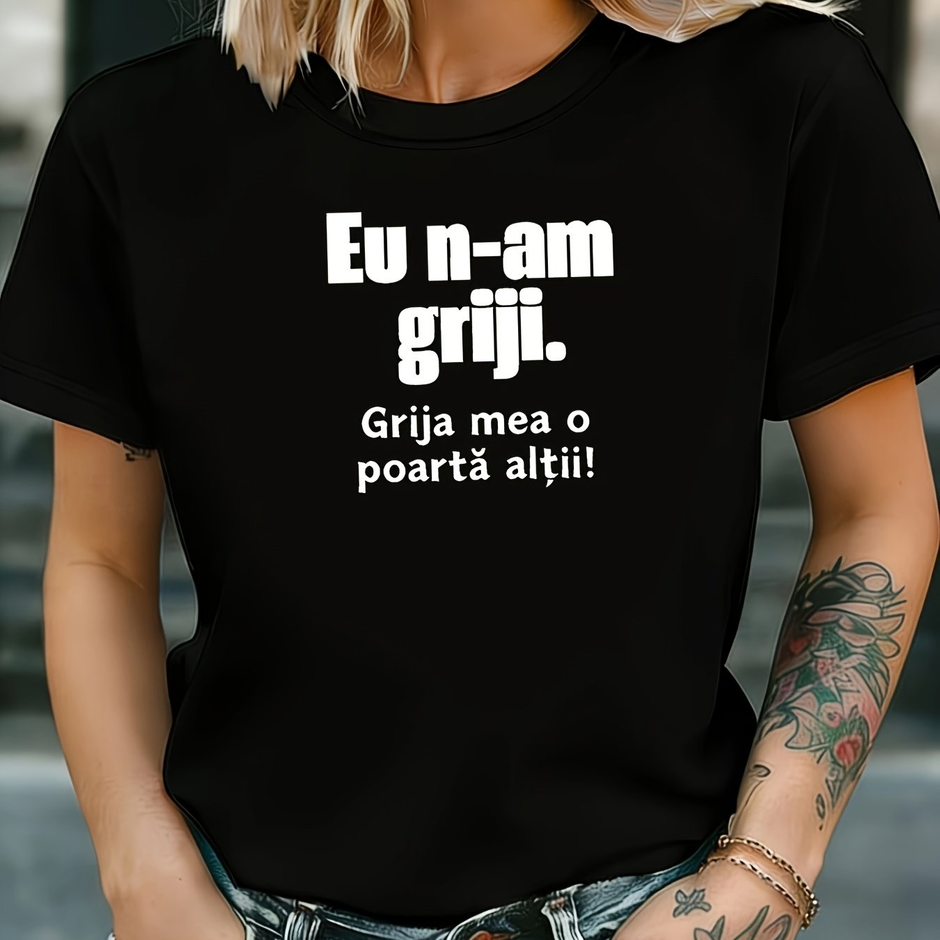 TEMU Women's T-shirt, Romanian "i Have , My Worries Are By " Text Print, Black Short Sleeve Round Neck Printed T-shirt - Machine Washable, , ,