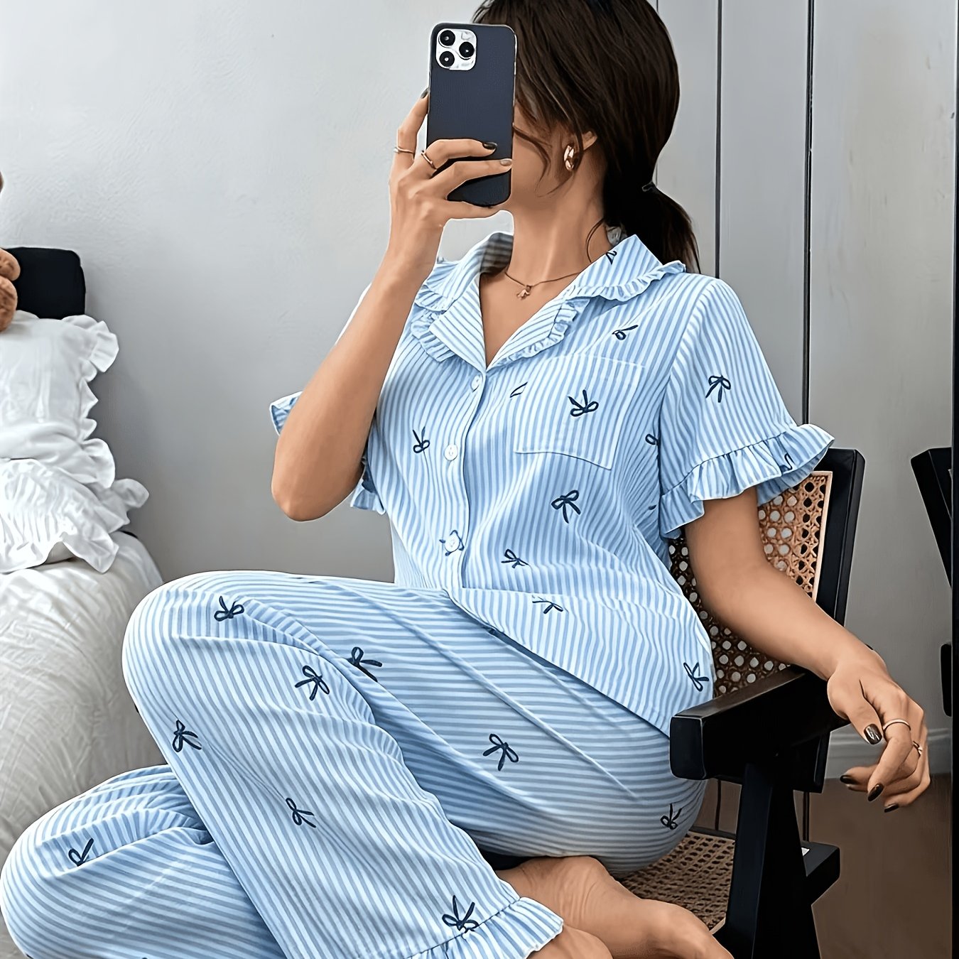 TEMU Summer Striped Bow Pajama Set Pattern, Short Sleeve Top And Long Pants, Lightweight
