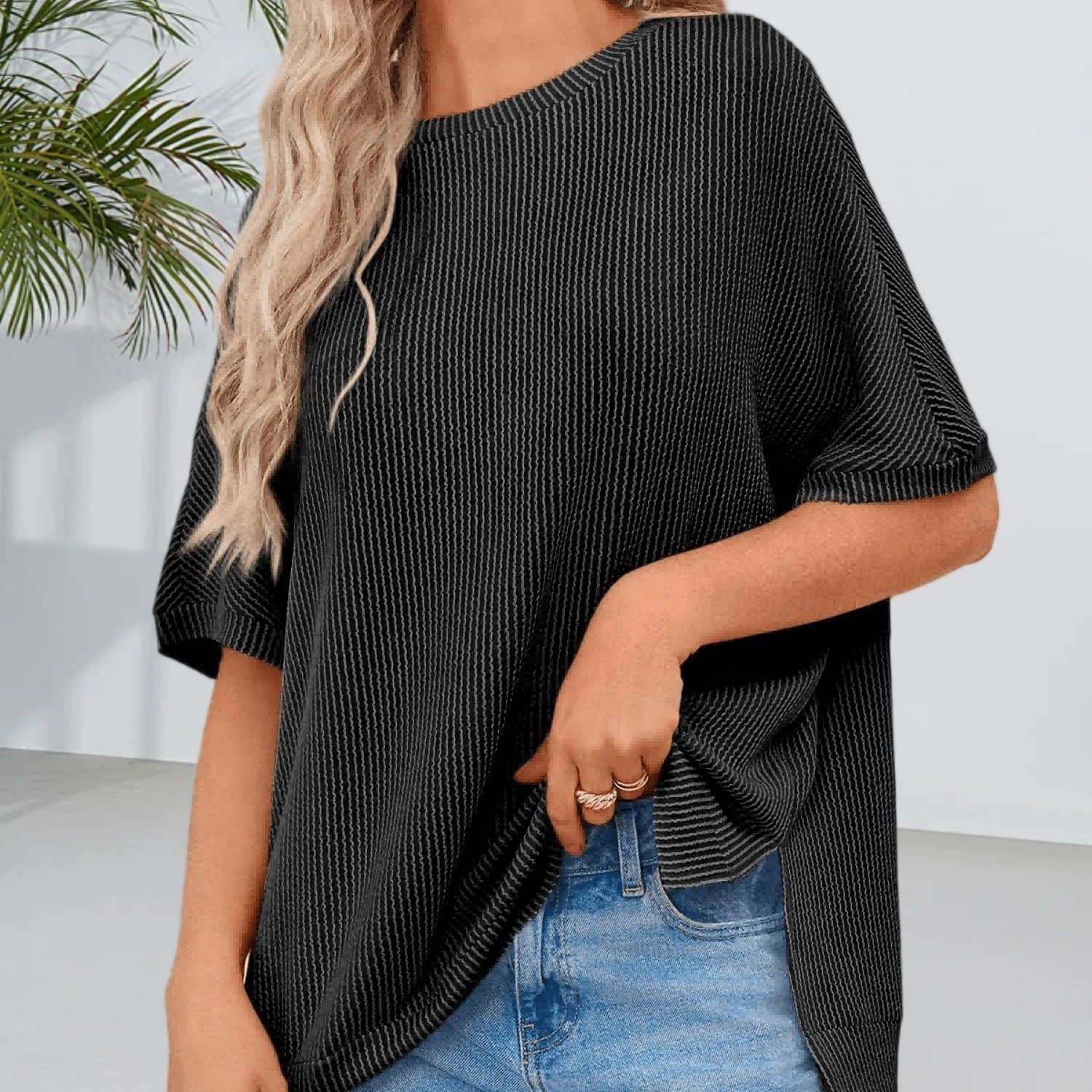 Women's Oversized Ribbed Batwing Short Sleeve Tunic Tee Summer Casual