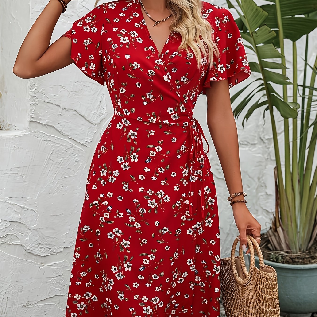 TEMU Polyester Fabric , Floral Print Sleeve Wrap Dress