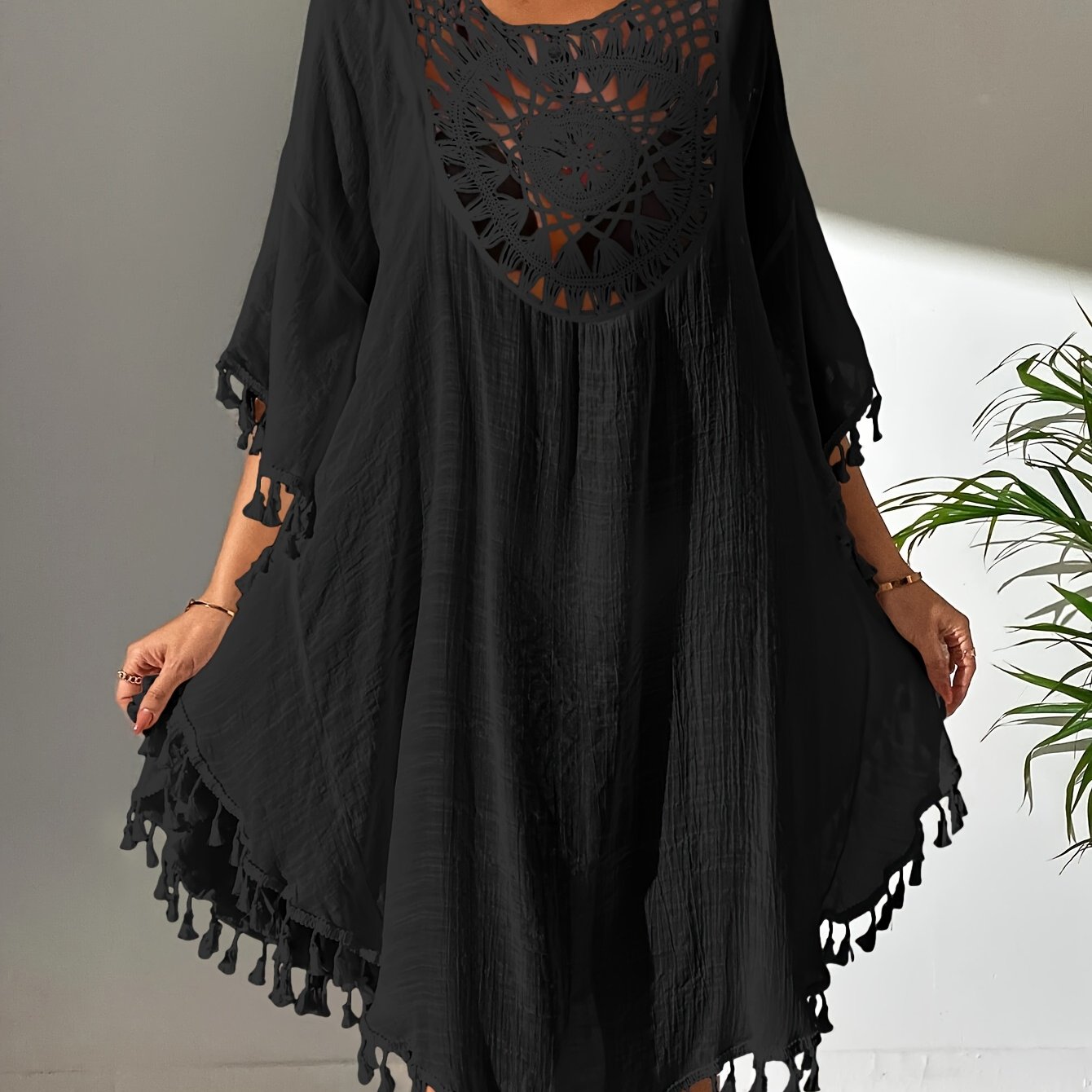Image of Swim Tassel Trim Crochet Cover Up Dress - Semi-sheer Beach Wrap Dress With Crochet Crocheted Detailing, Swimwear Wrap For Poolside & Vacation, Machine Washable () - Casual