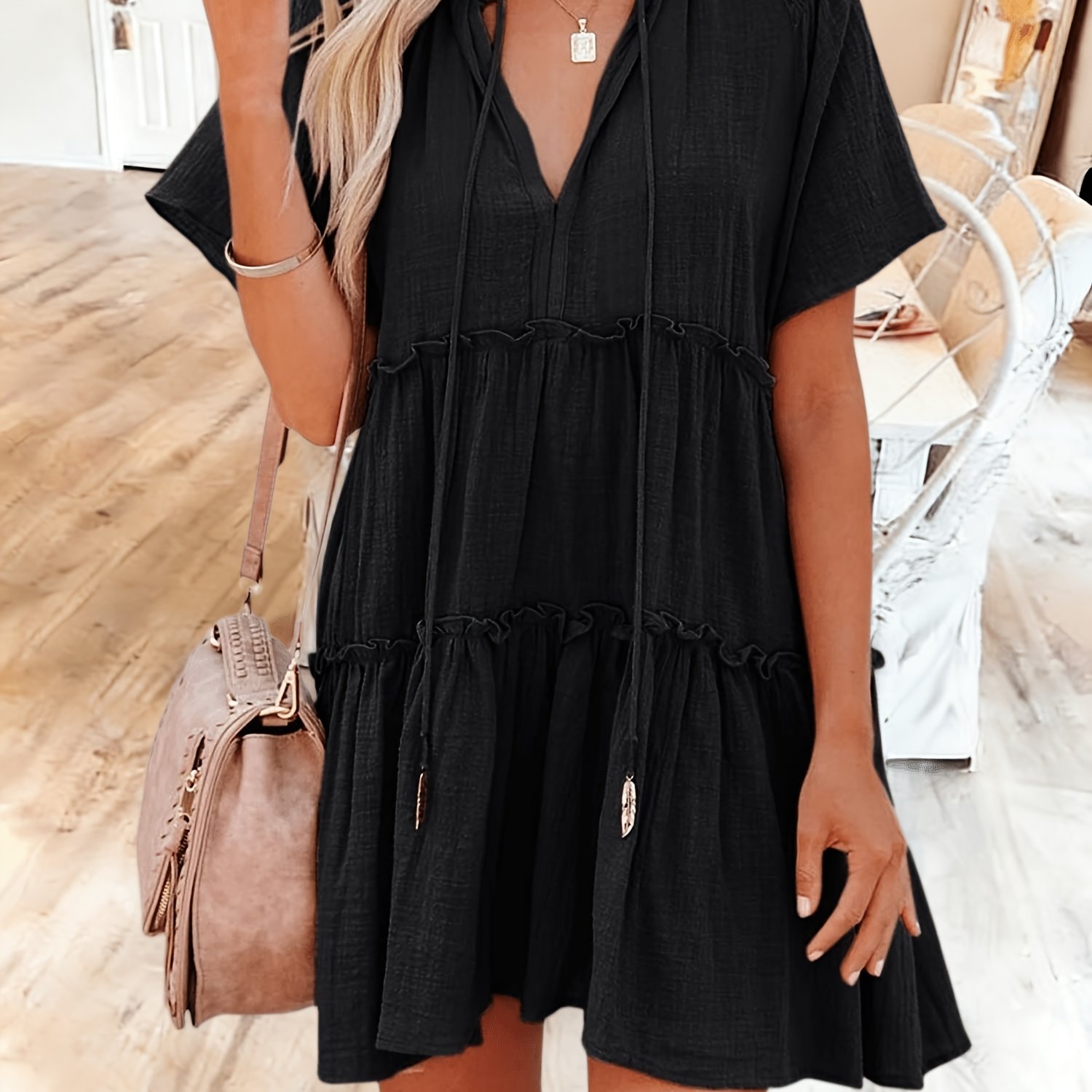 Image of Plus Size - Plus Size - Ladies' Fashion Adjustable Neckline Dress With Ruffles, Short Sleeves, And A Flowy Babydoll Style