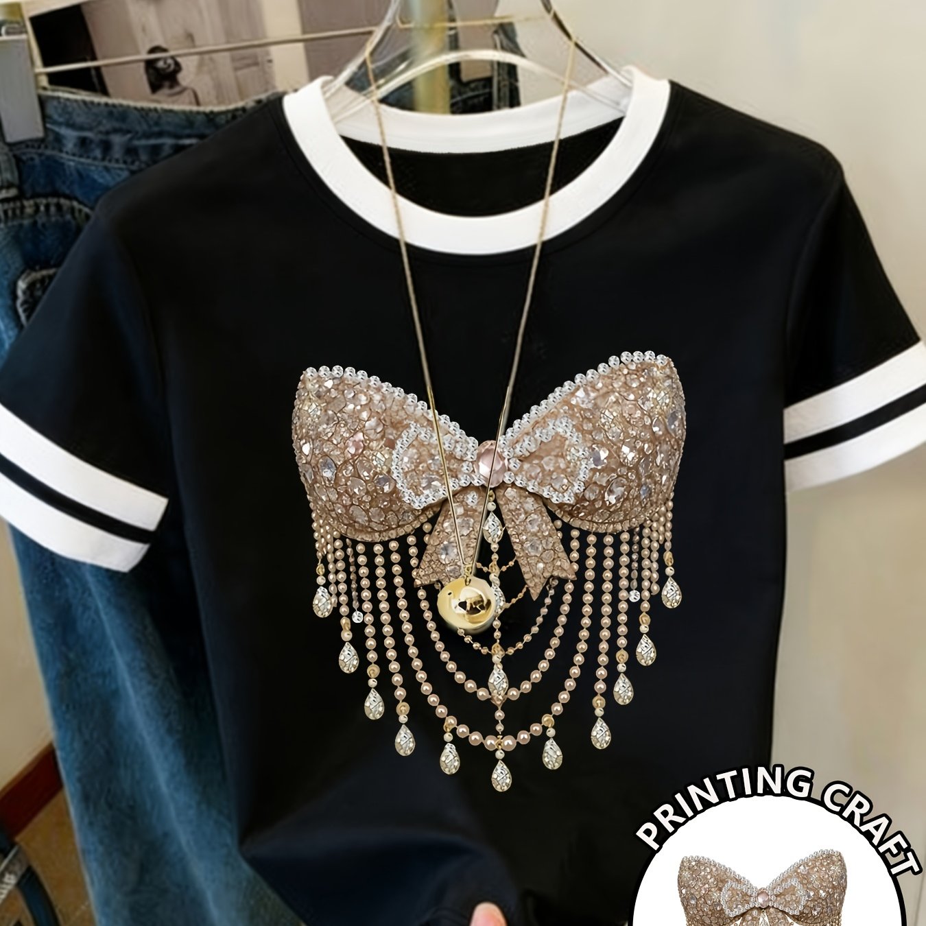 TEMU Women' Korean - T-shirt Suitable For Body Types - Short Sleeve Round Neck Top With Diamond Bow Print, Spring Summer Casual Blouse Shirt, Machine