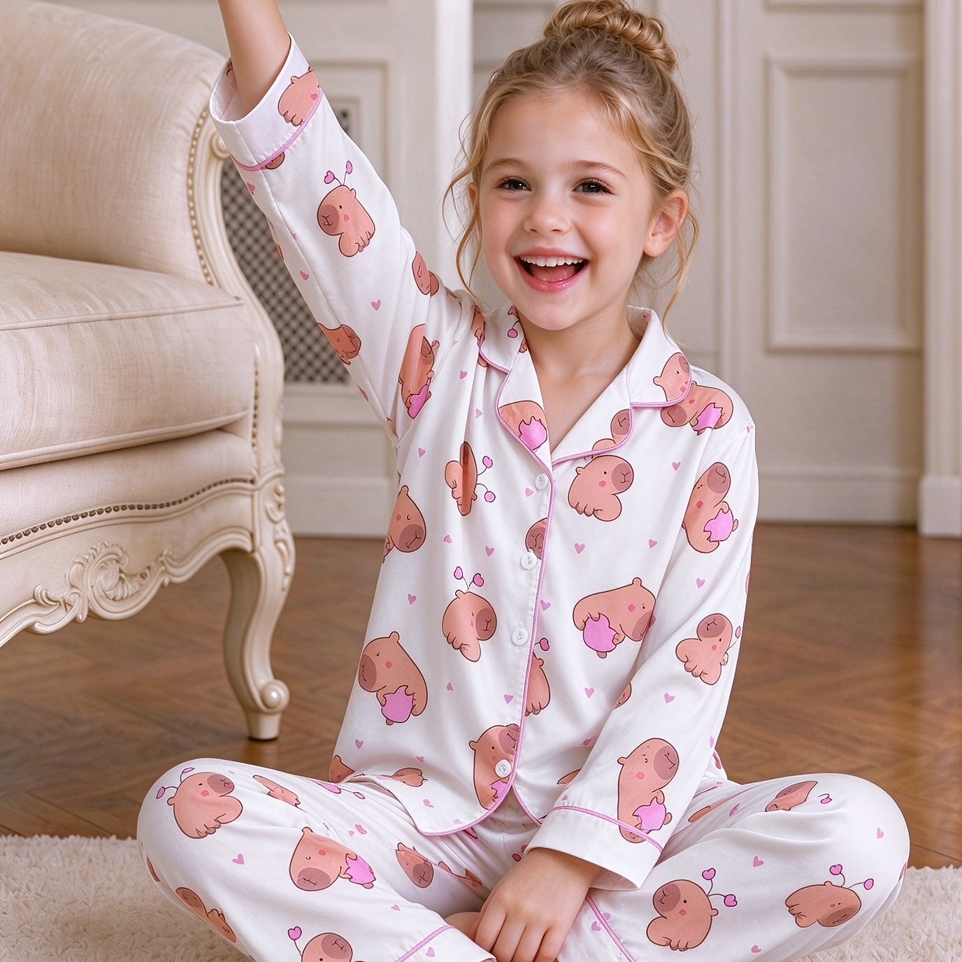 Image of Pajamas 2pcs Set Autumn Winter New Washable Flame Retardant Cardigan Kapilbara Print Wearable Party Medium And Large Comfortable Long-sleeved Pajamas Home Clothes Set, Cute, Regular Fit, Cartoon Print