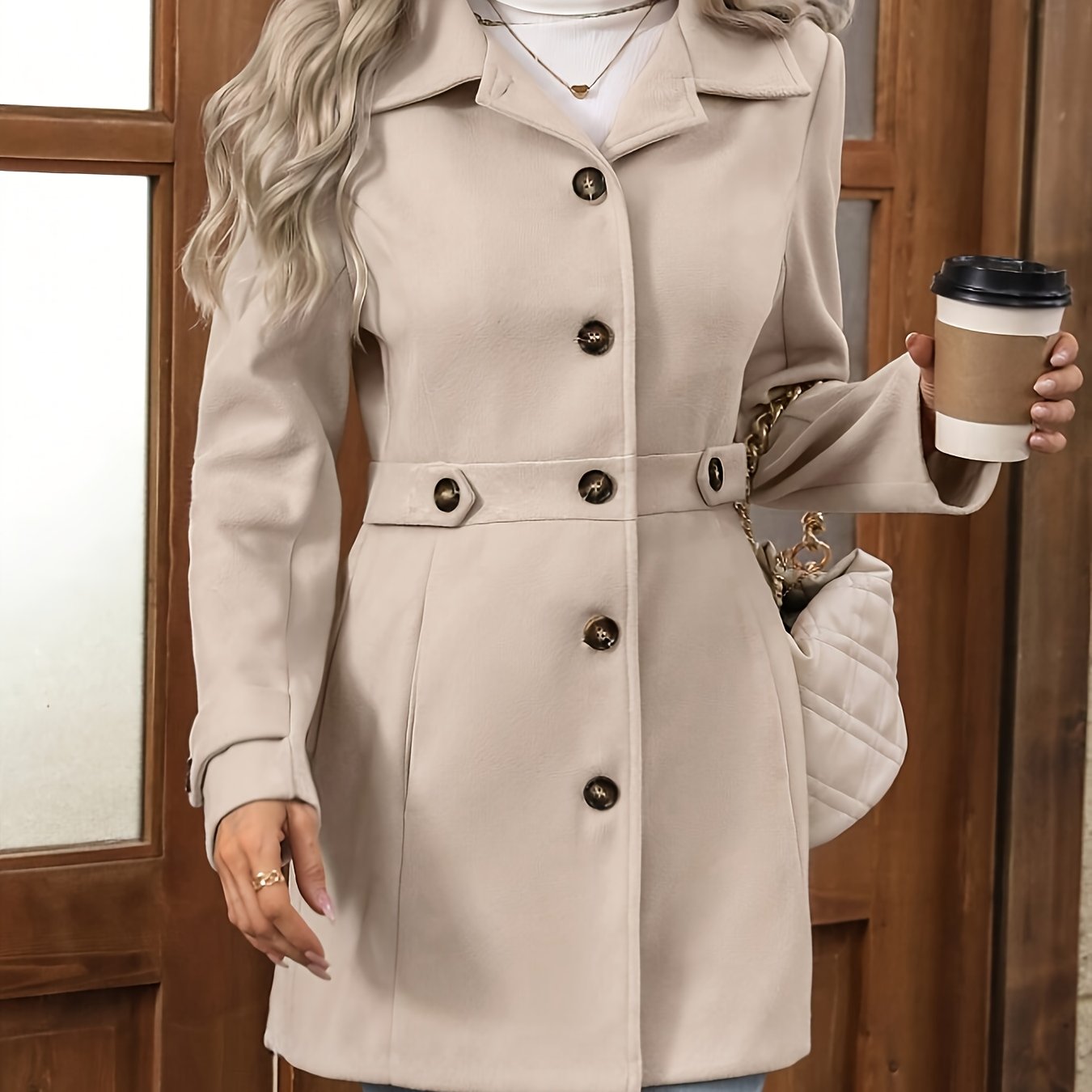 E-shop Eleganter Damen-Tweedmantel, stilvoller taillierter, einfarbiger, mittellanger Überwurf für Herbst/Winter