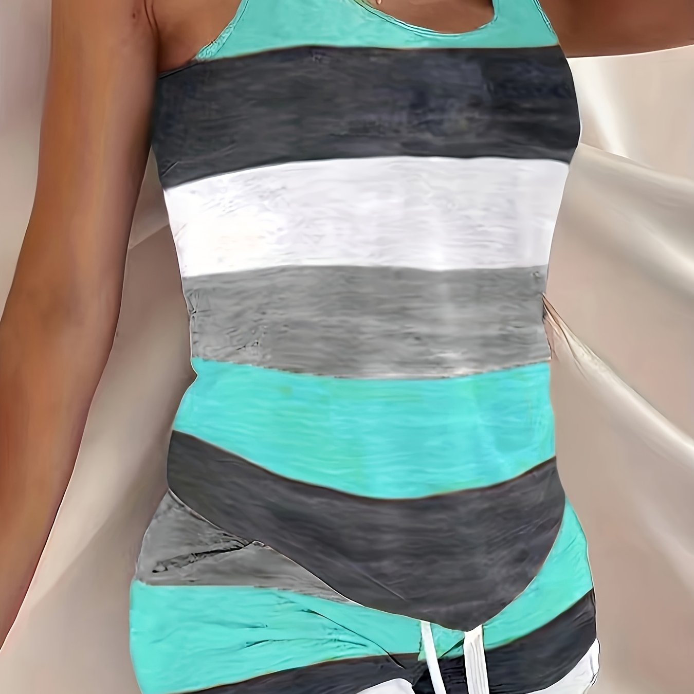 TEMU 2025 New Women's Casual Striped Printed Round Neck Vest Top And Tie-short Shorts 2pcs Set