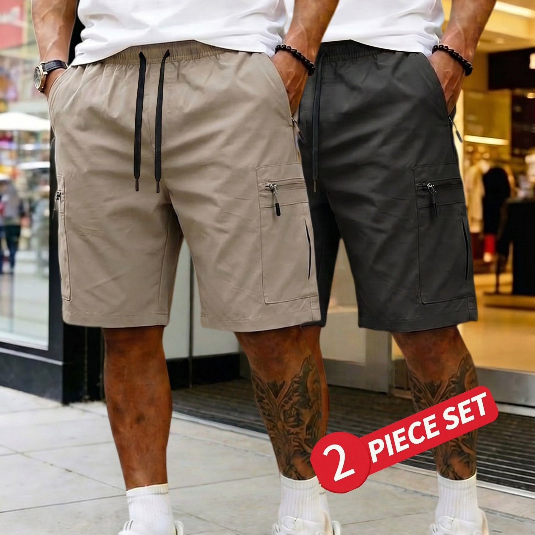 TEMU 2pcs Men's Plus Size Cargo Shorts – Solid Color, Drawstring Waist, Zipper Pockets, Big And Tall Summer Shorts For Outdoor And Casual Wear