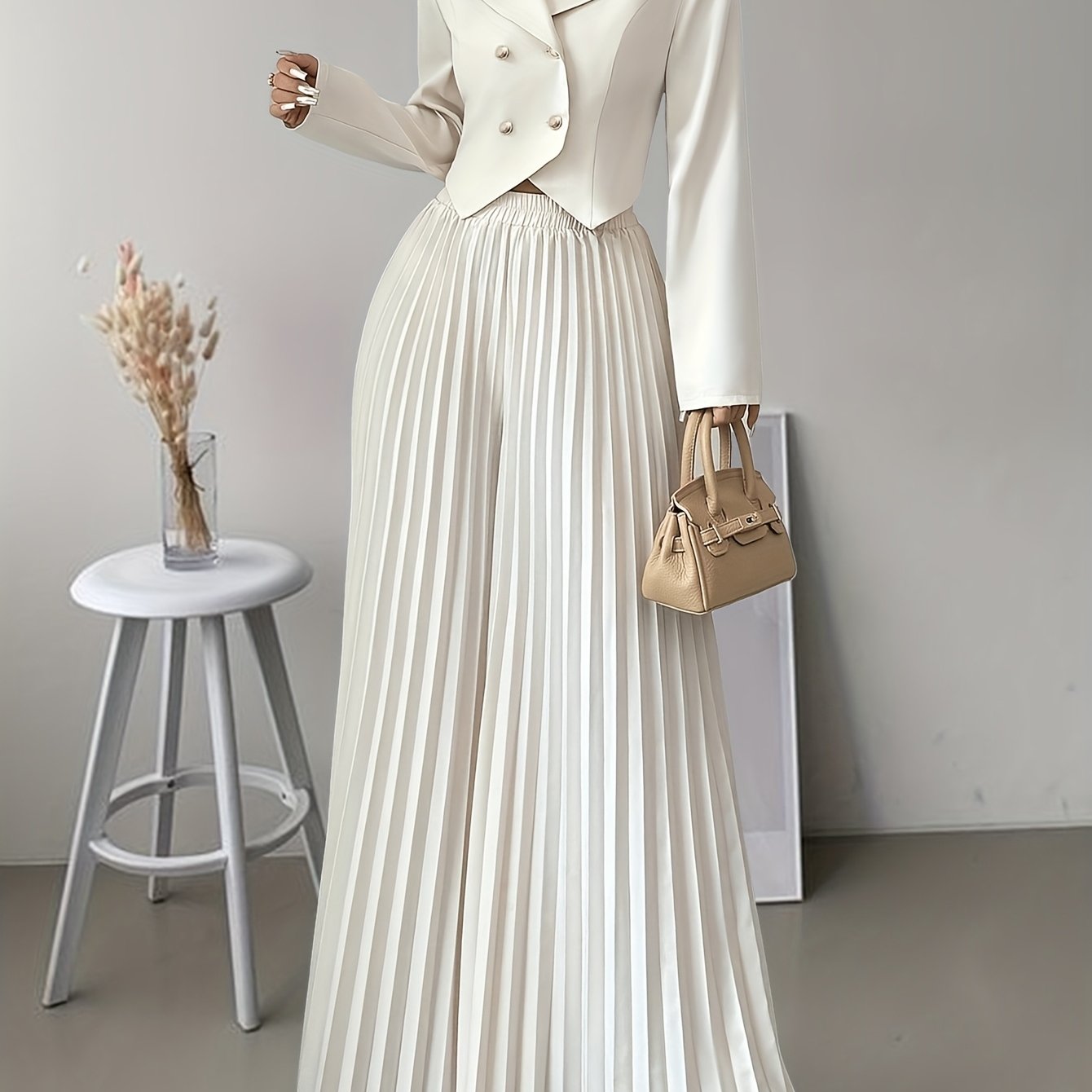 Image of 2-piece Elegant Women'-breasted Suit Top And Pleated Pants Set, Fashionable Commuting Style