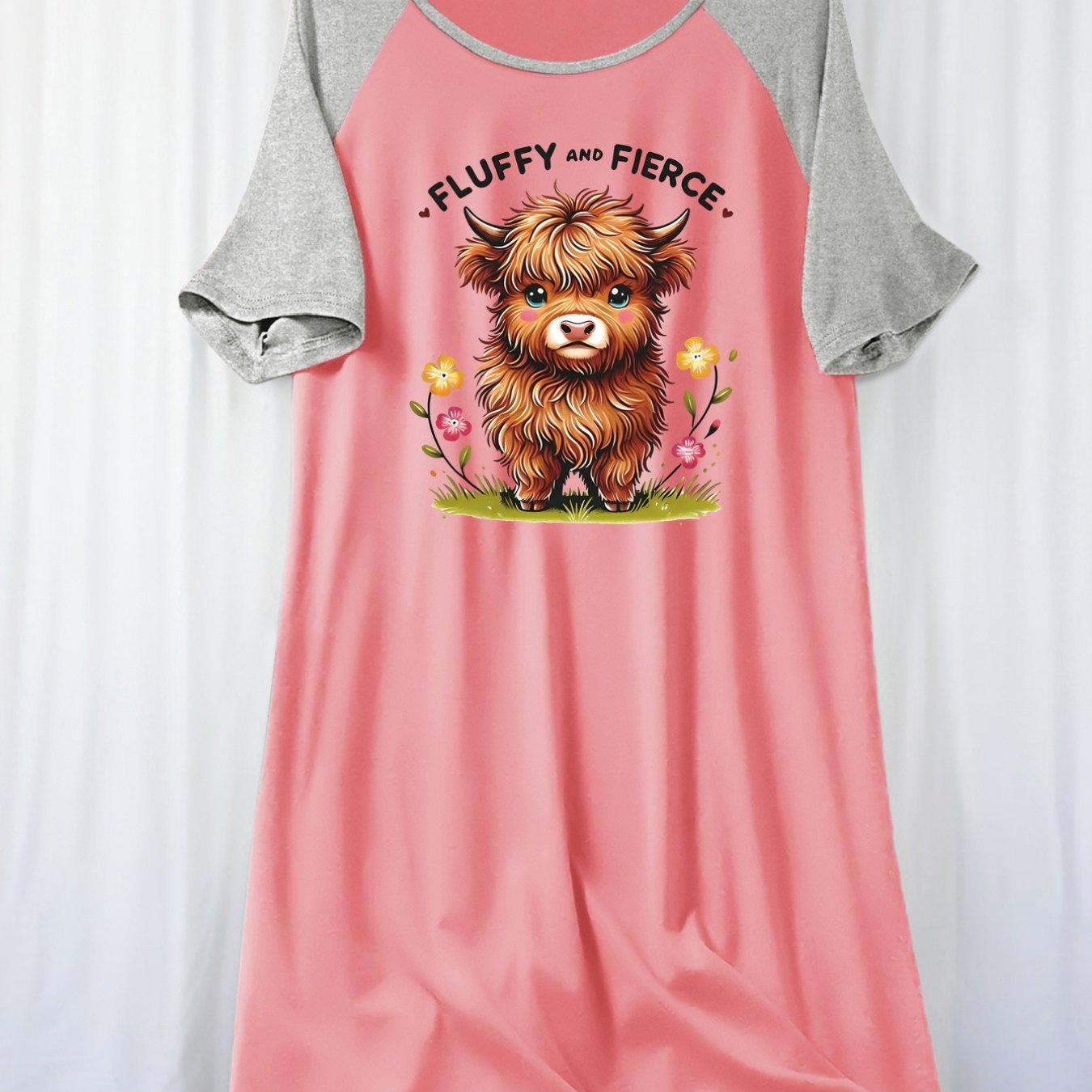 TEMU Fluffy , Fluffy And Print, Raglan Sleeve Nightgown, Round Neck Short Sleeve Casual Women's Wear E21