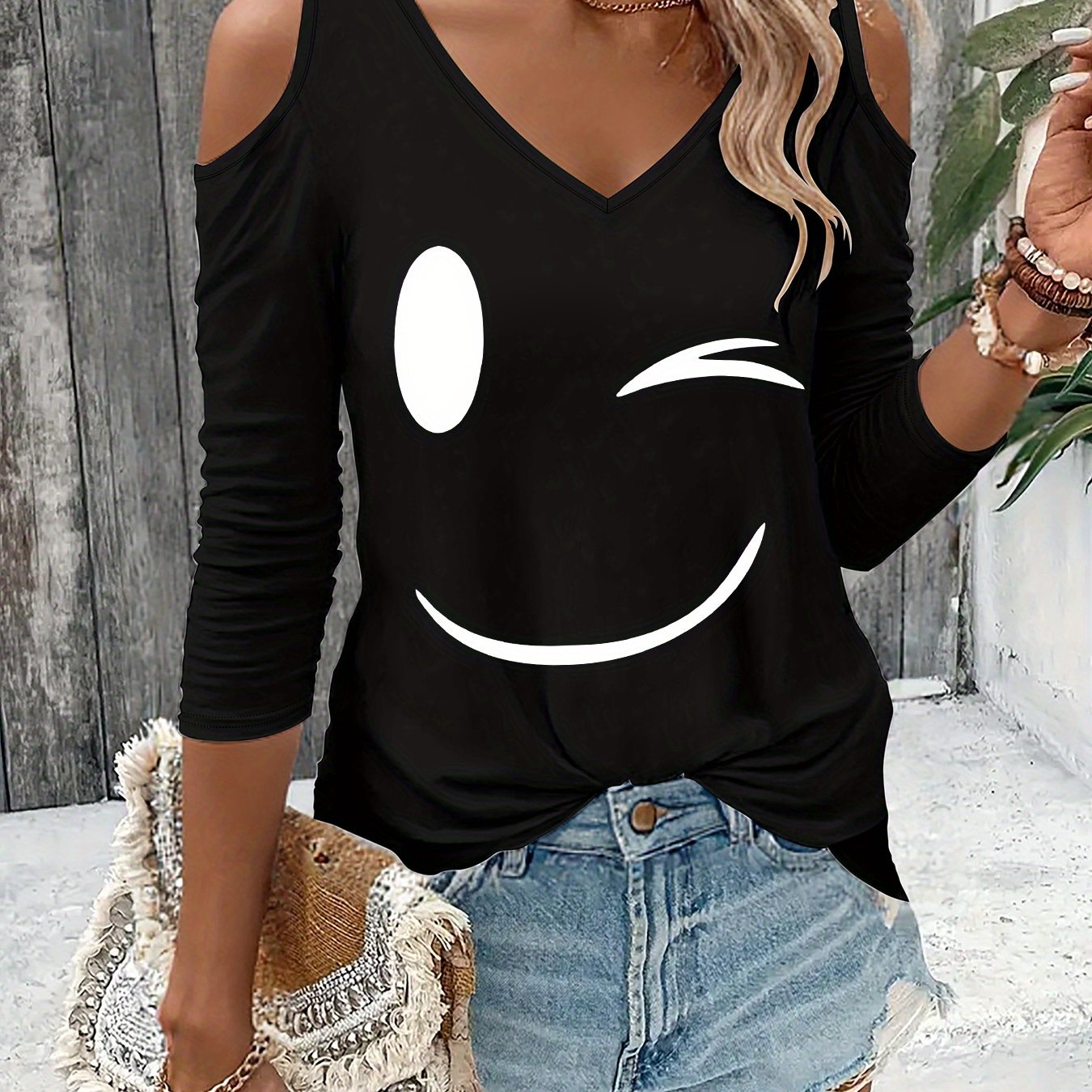 TEMU Graphic Print T-shirt, Long Sleeve V Neck Casual Top For Spring And Fall, Women's Clothing